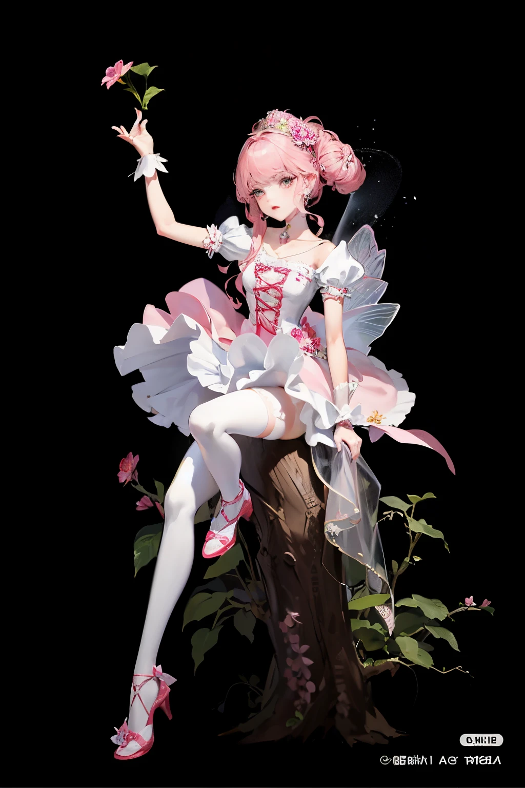 There is a woman in a pink dress sitting on the flowers, ball jointed doll, Natalie Shaw, Hanaka Tomokatsu Girl, Ethereal Flower Punk, Belle Defin, 🌺 CG Society, anime barbie doll, anime barbie wearing white, fairy tale core, Art dolls, guweiz, inspired by Ray Caesar, magical girl style, space flower fairy