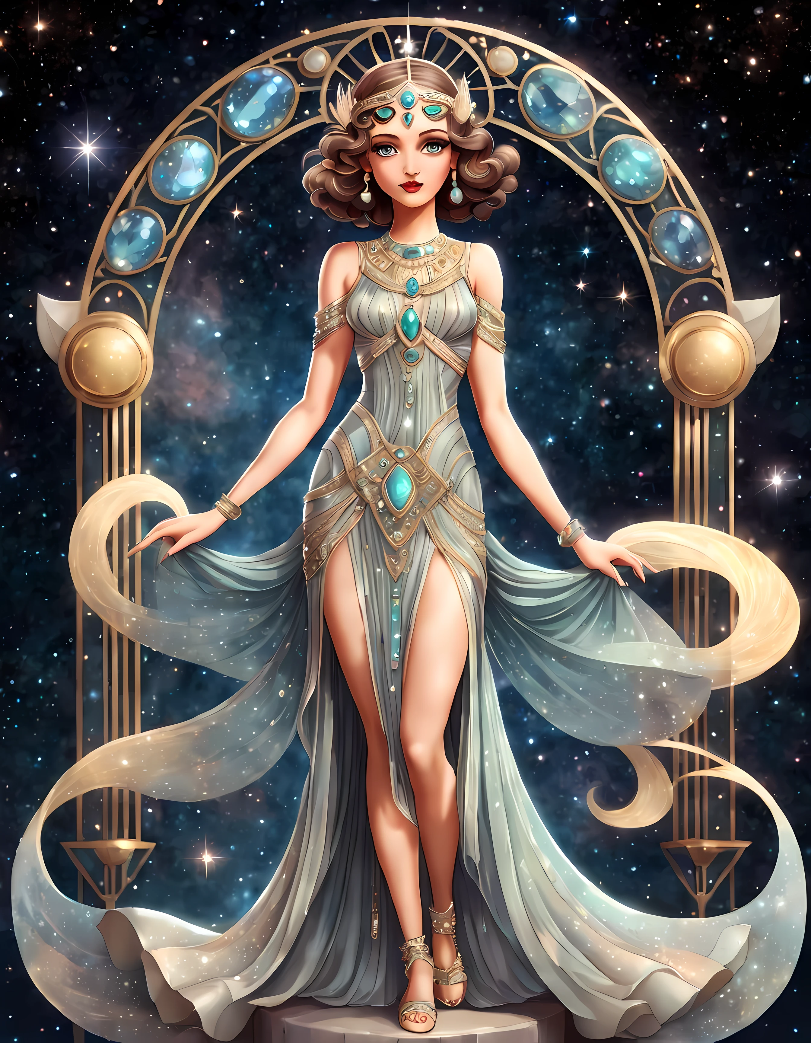 Cute cartoon style, full body photo of a beautiful celestial goddess wearing a captivating Art Deco dress adorned with ethereal features and precious gemstones, ((shimmer)), cosmic background. | ((More_Detail))