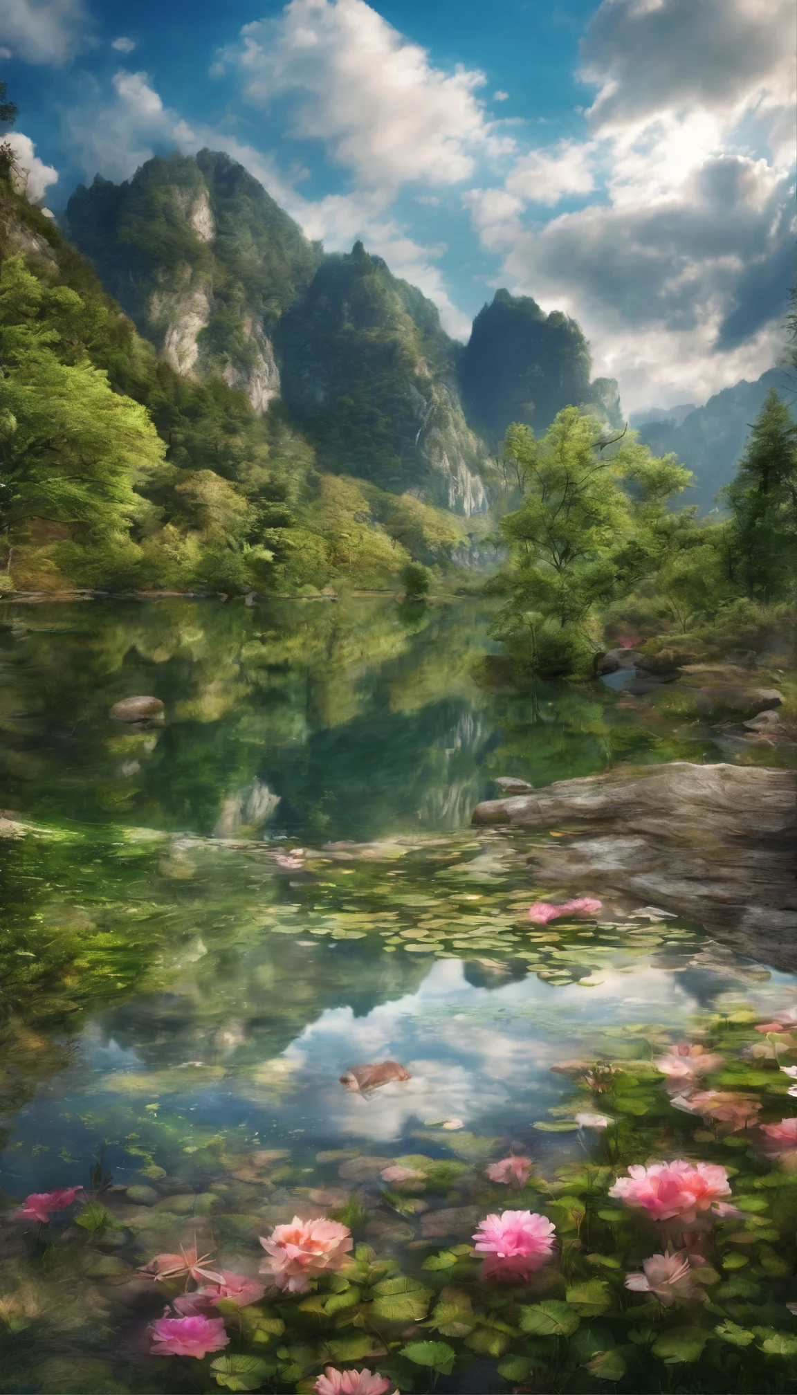 sunny,Blue sky and white clouds,Lakes and mountains,A rainbow in the sky,There are flowers and grass by the lake,Refreshing,Wide-angle lens,HD,masterpiece,reality,Realistic,16KHD,Top image quality((超HD))