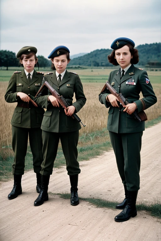 girls in second world war military uniform, holding weapons, on the battlefield
