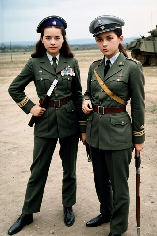 girls in second world war military uniform, holding weapons, on the battlefield