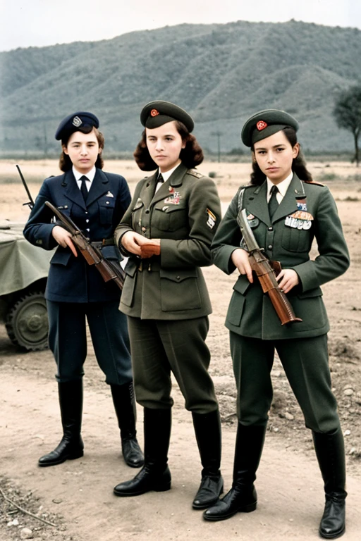 girls in second world war military uniform, holding weapons, on the battlefield