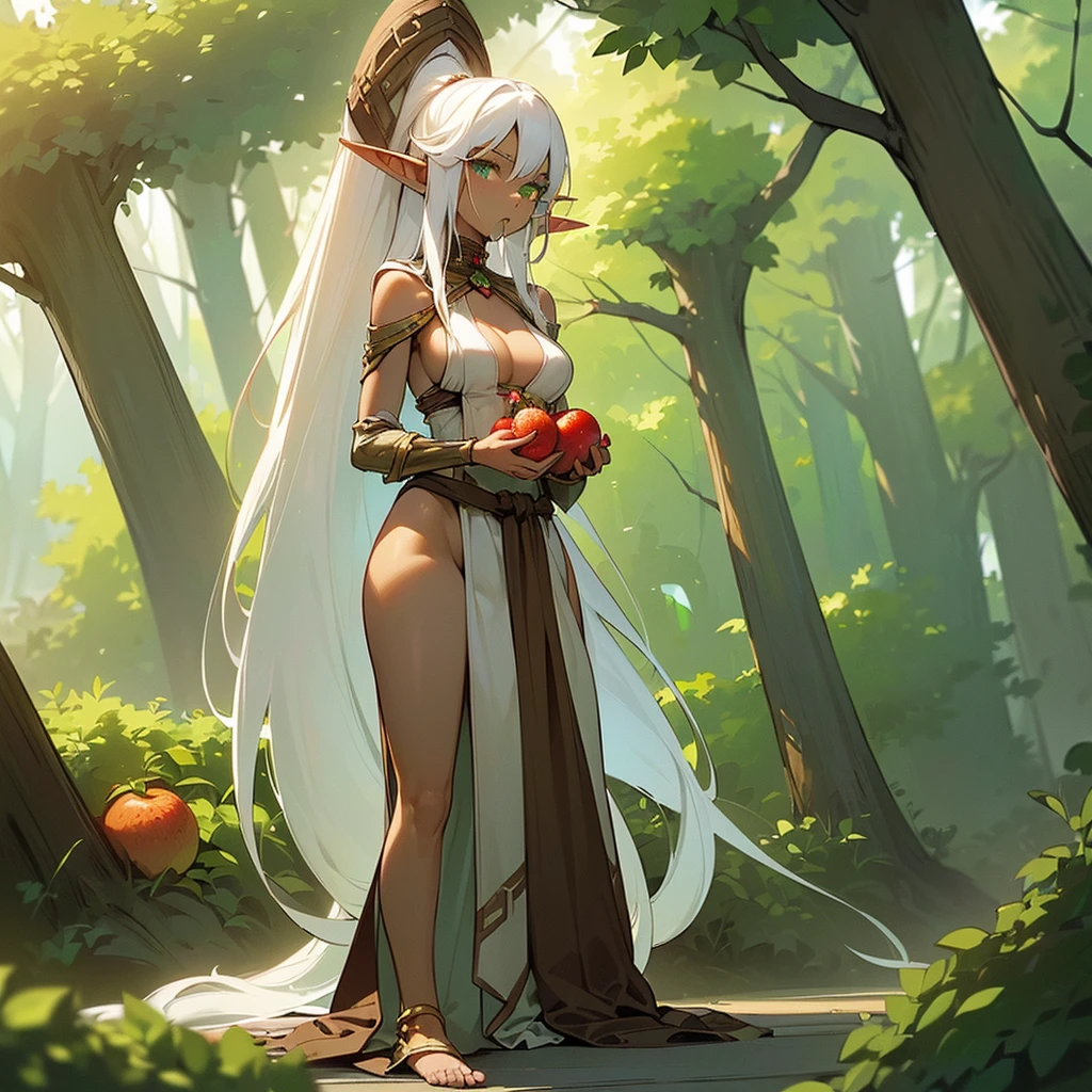 (((I want a lonely Elf Woman, Long white hair, serene green eyes, brown skin, mature body with full breasts and slim waist, wearing a beautiful dress, while eating some fruits))),(((Alone)) )