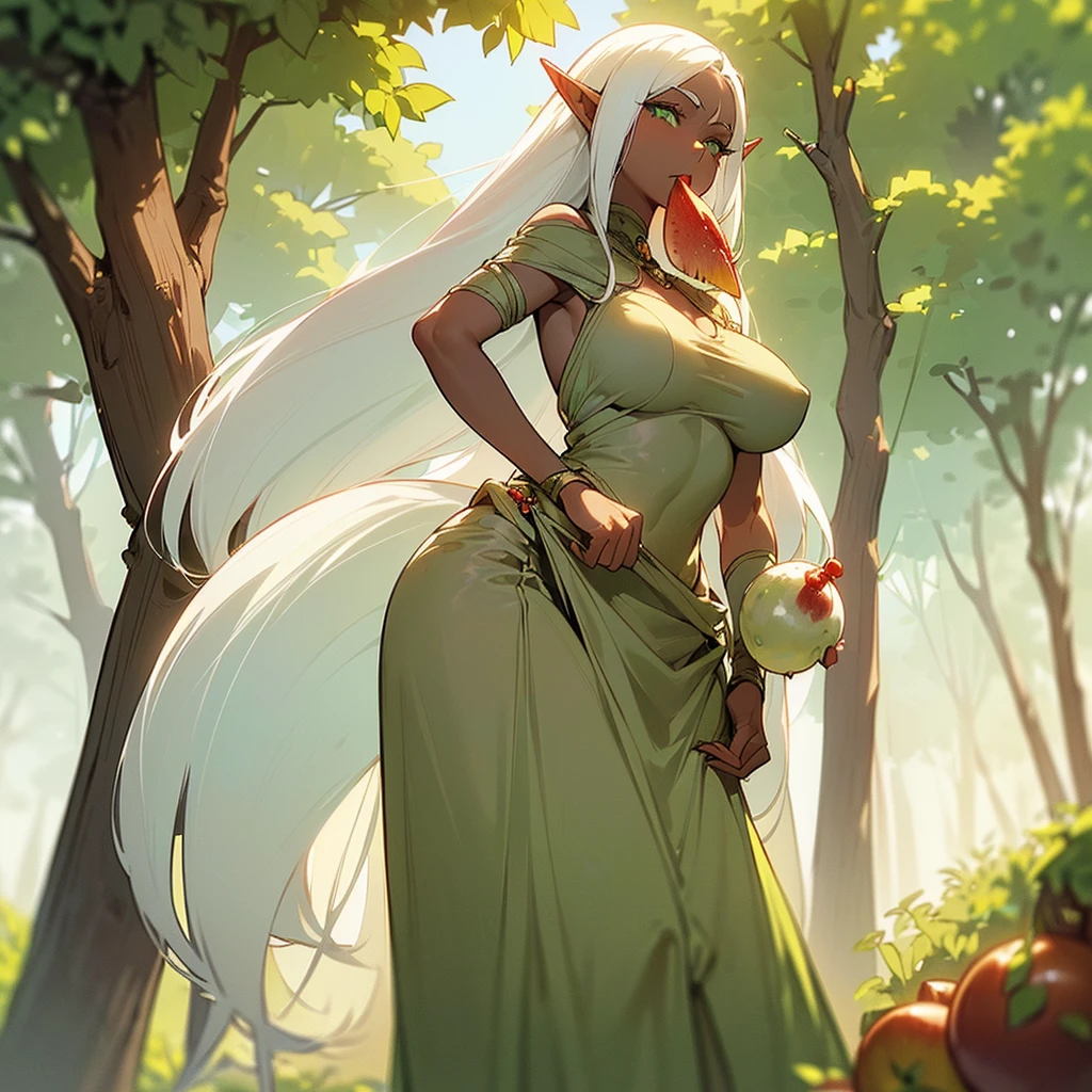 (((I want a lonely Elf Woman, Long white hair, serene green eyes, brown skin, mature body with full breasts and slim waist, wearing a beautiful dress, while eating some fruits))),(((Alone)) )