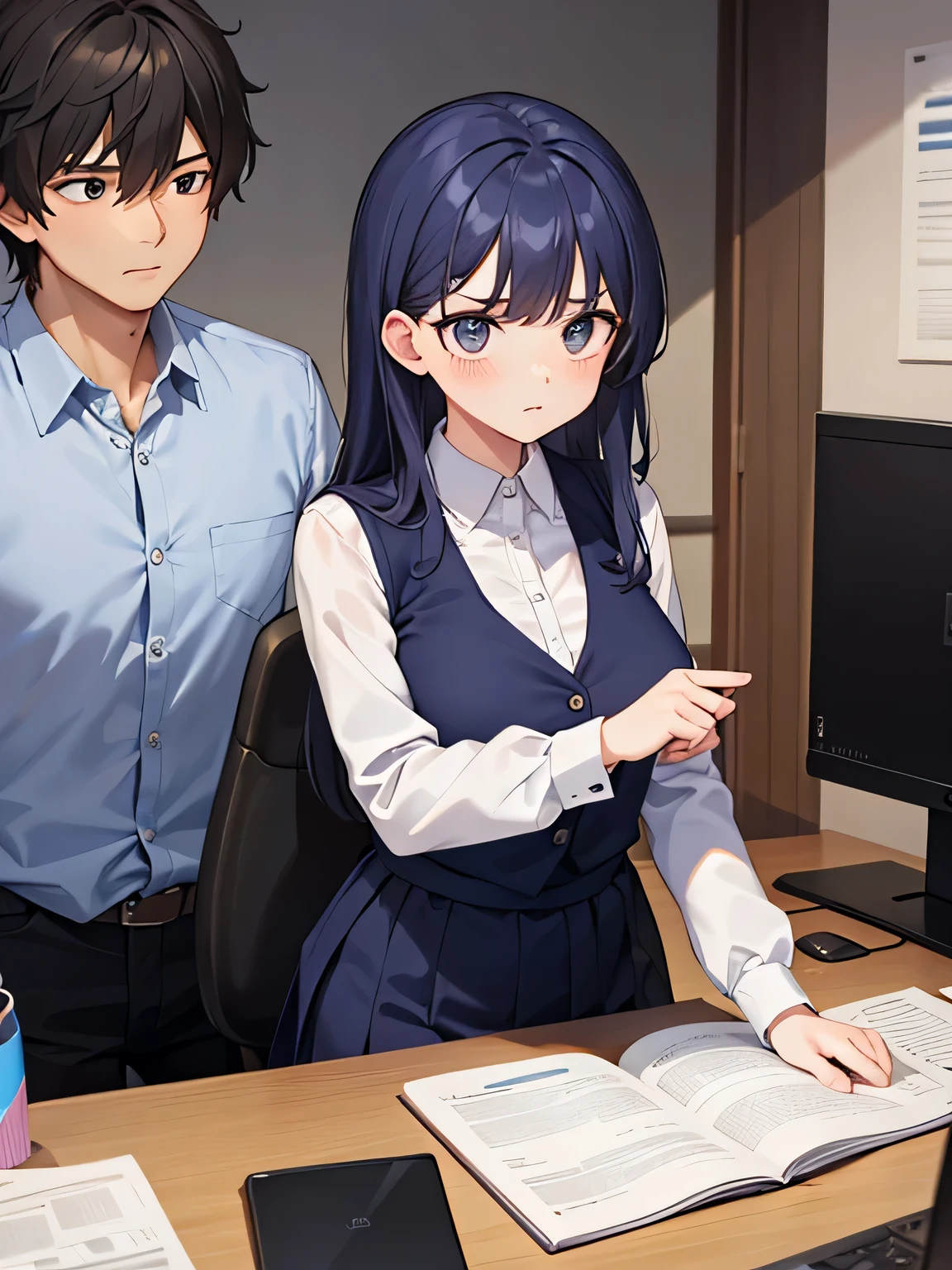 (1) a woman is working in an office.
(2) a man is talking to her、she is ignoring him.
(3) The woman is wearing a white blouse, a navy vest, and a navy blue tight skirt..
(4) The woman&#39;s expression is very cold, expressionless and unfriendly.
(5) Location、This is her office desk where she is working on her computer.。.