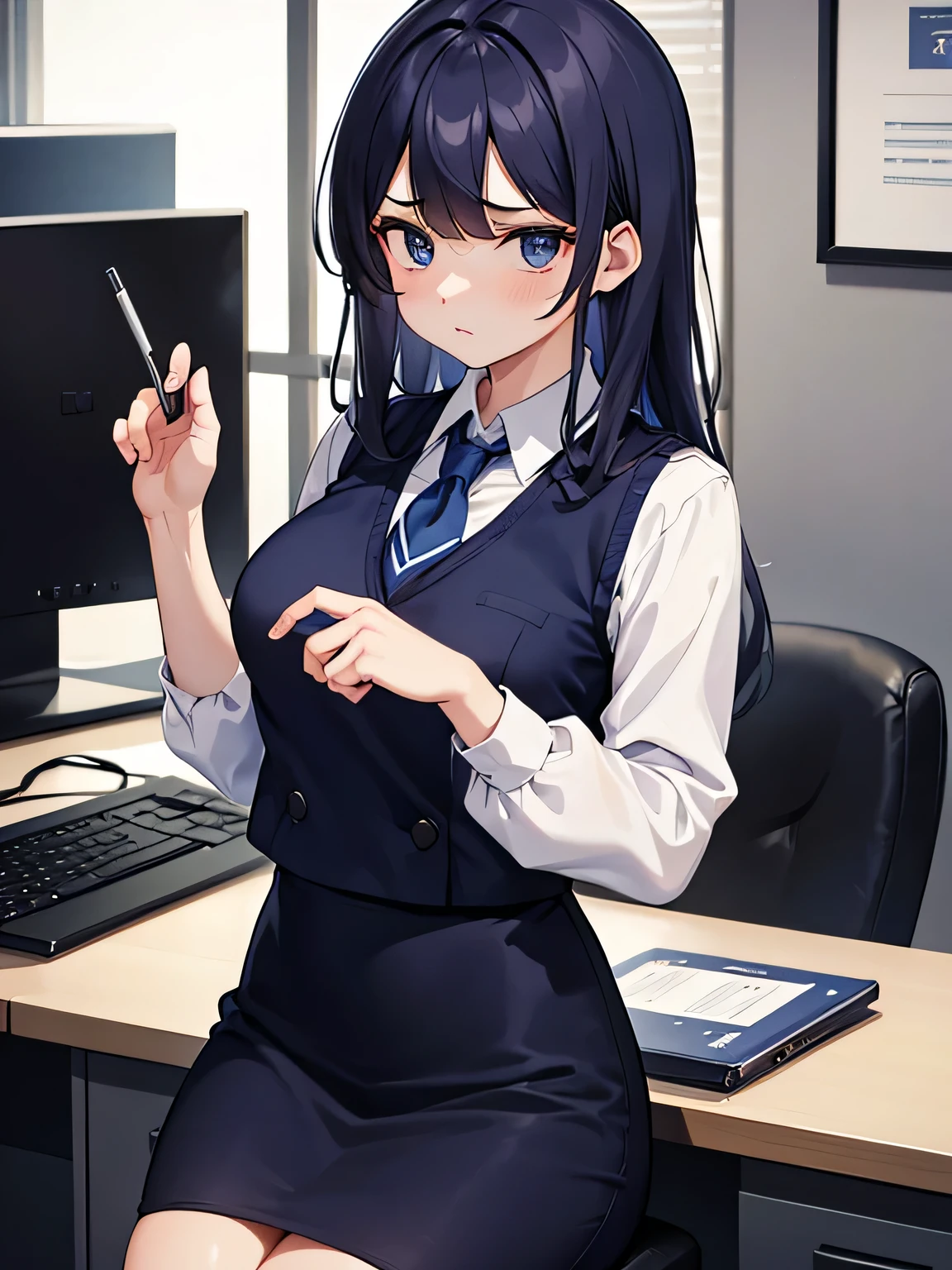 (1) a woman is working in an office.
(2) a man is talking to her、she is ignoring him.
(3) The woman is wearing a white blouse, a navy vest, and a navy blue tight skirt..
(4) The woman's expression is very cold, expressionless and unfriendly.
(5) Location、This is her office desk where she is working on her computer.。.