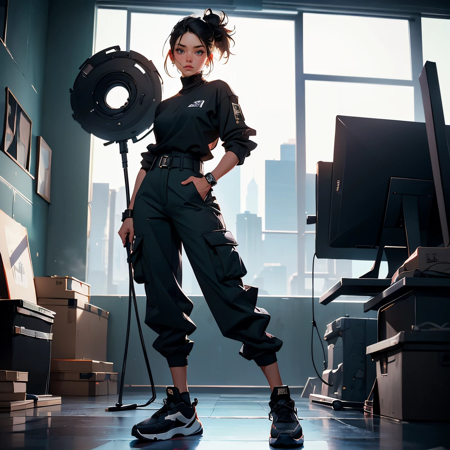 ((best quality)), ((masterpiece)), (detailed), (perfect face) , A fierce (female agent )1.2 in a standing position, wearing (black cargo pants)1.4, (black shirt)1.2, (obscured face)1.3, analog style nofilter selfie, posing in an (indoor training area)1.2, (backlit)1.2, (film grain)1.2, cinematic movie still frame, black sneakers with white soles, various equipment in the background, insane detailed eyes,