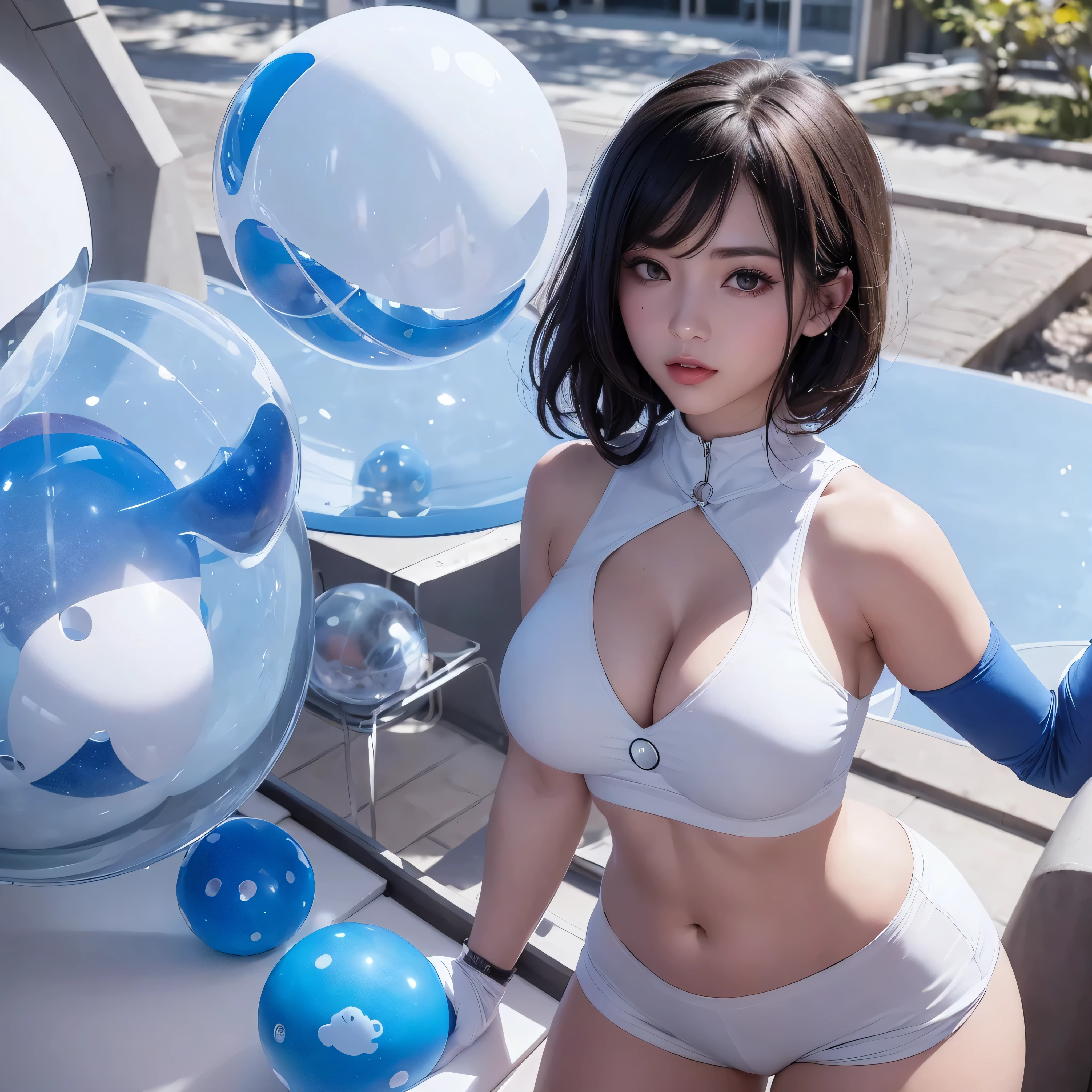 Mulher de corpo completo, atraente ((medium spherical breasts)), de seios do mesmo tamanho e do mesmo formato perfeito ((((spherical shaped breasts)))), top bom colete, blue plastic futuristic blue details, (white shorts), penalidades grossas (using white shorts)