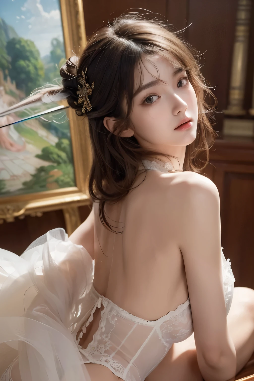 (((masterpiece))),(((best quality))),((Super detailed)),(illustration),(dynamic angle), ((floating)),(painting),((disheveled hair)), (alone),(1 girl), ((big deal_breast)), (((Detailed Anima face))),((Beautiful and delicate face)),collar,bare shoulders、butt、waist,  white skin