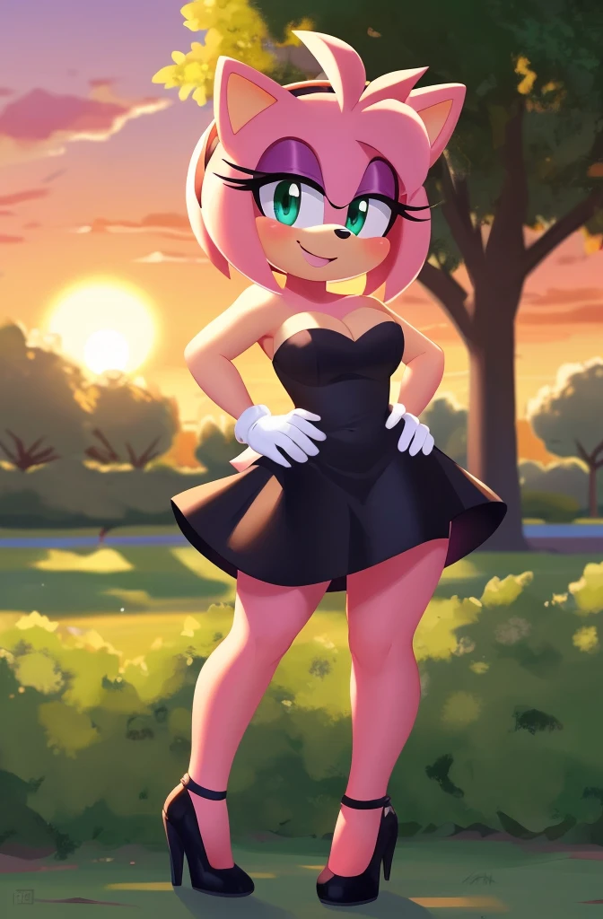 full body, Amy rose, seductive, bare shoulder, little black dress, strapless dress, short bodycon dress, skin-tight dress, black high heels, sundown, park background smile, hand on hip, 2D illustration