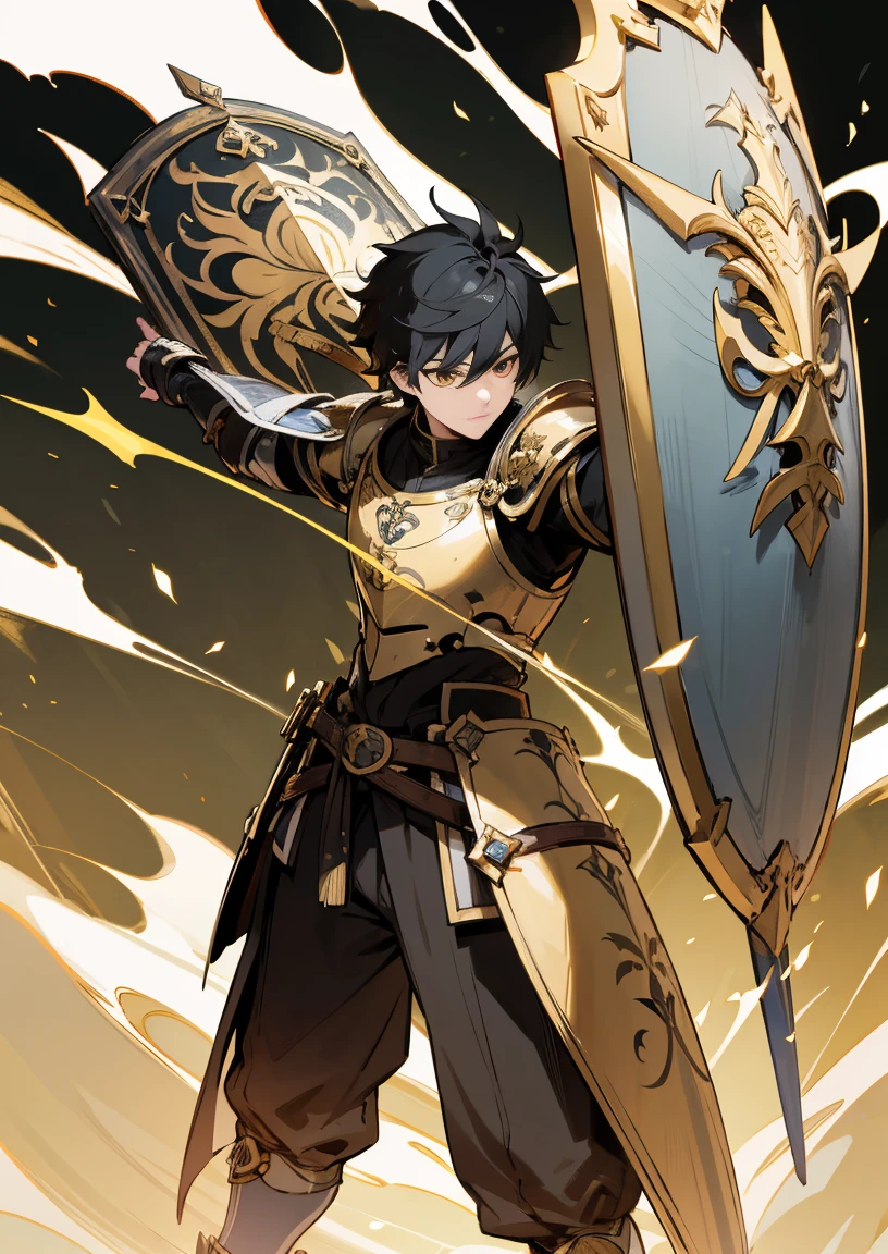 1masterpiece, perfectly detailed, high-resolution, full hd 8k, anime style, genshin impact style, full body, 1 mature boy, black hair, golden eyes, athletic body, medieval fantasy knight, unicornio armor inspirated, shield on back, spear in hands.