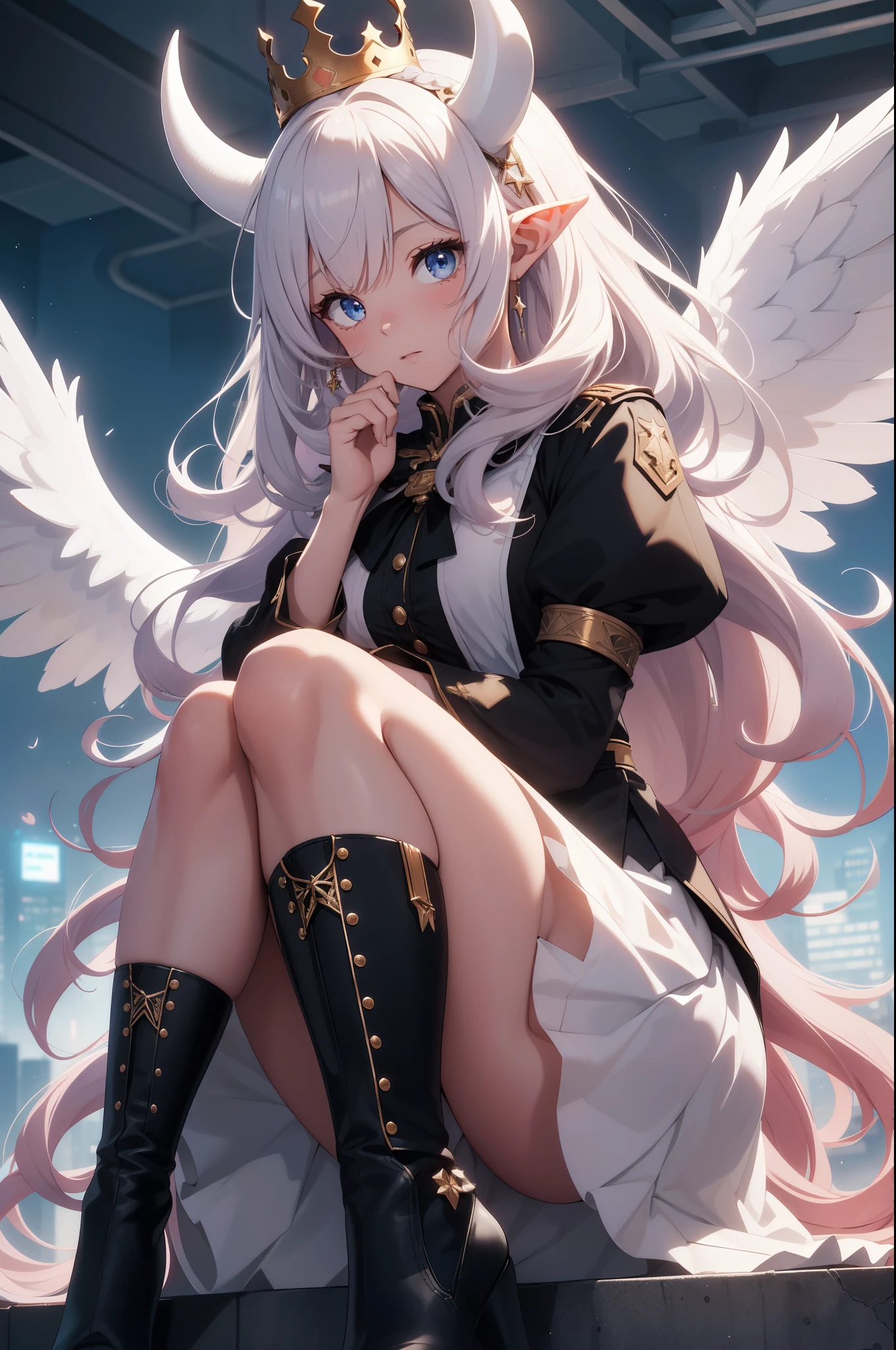 giant girl 50,000 feet high,Weight 1000kg,Has a pair of long legs,Open your eyes wide,Has three pairs of huge white angel wings,With huge devil horns on his head,crown on head,Elf wearing white earrings,She has long pink hair that reaches her feet,loose hair,Pink wavy long curly hair,Wearing a pair of black boots,White sleeves,Wearing a white JK dress,Skirt with bow and star decorations,Sitting on a tall building in the city,Destroying the city,Beautiful appearance,Exquisite makeup,quality,8k,高quality,Perfect proportion, Cinema lighting,film grain,Fuji colors,8k,textured skin,Super details,high detail,high resolution,charming,blood stains,脚底有blood stains,whole body,Obese,elf princess,feather,flowers