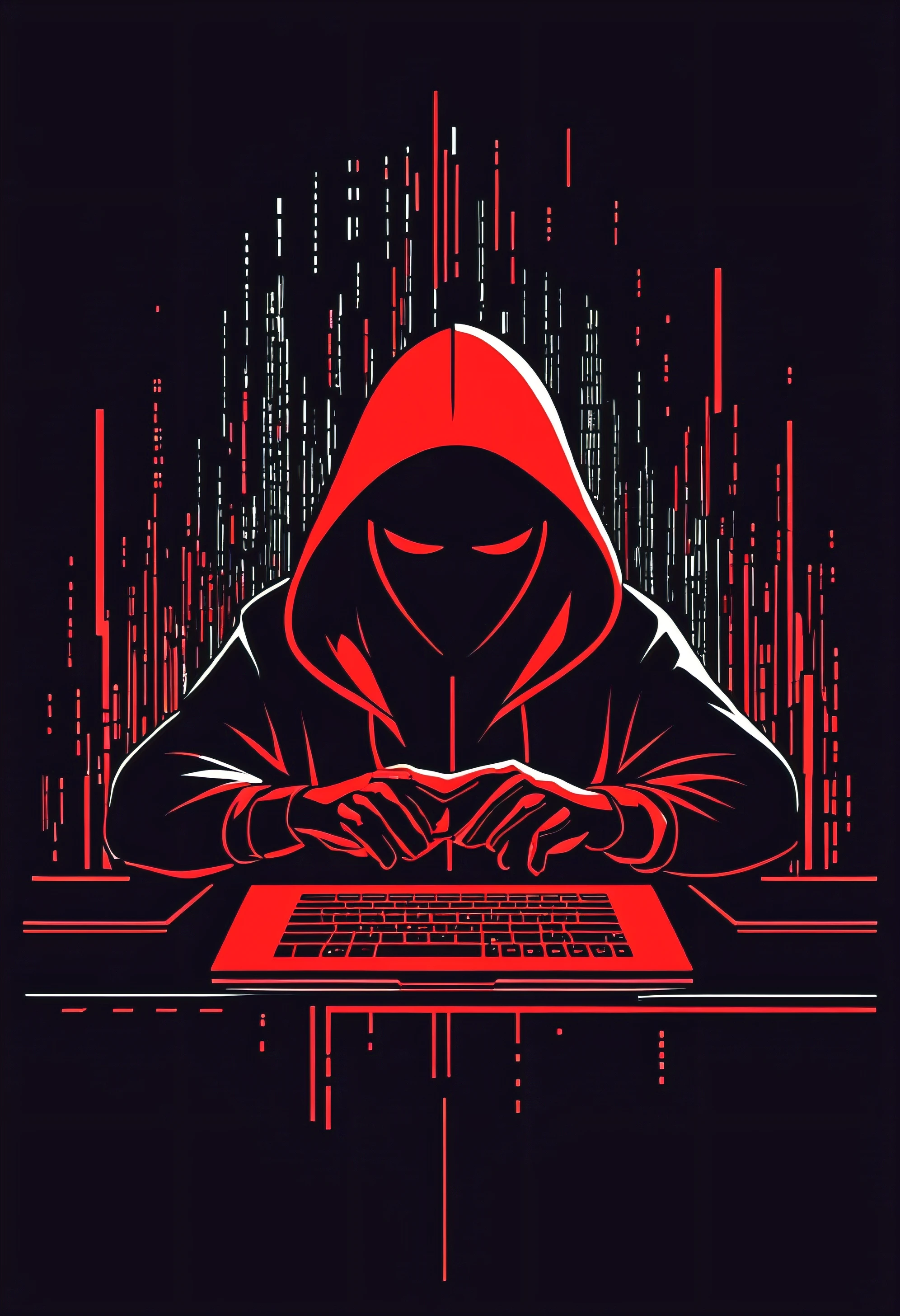 Design a captivating 2D hacker logo featuring a hooded figure immersed in the glow of a computer screen. The figure, dressed in sleek black, exudes an air of mystery and expertise. The computer screen displays a matrix of red binary code, symbolizing the hacker's digital prowess. Use dynamic lines to convey a sense of movement and energy, capturing the intensity of the hacking process. Balance sophistication with rebellion, creating a logo that seamlessly combines modern tech aesthetics with the intrigue of the digital underground.