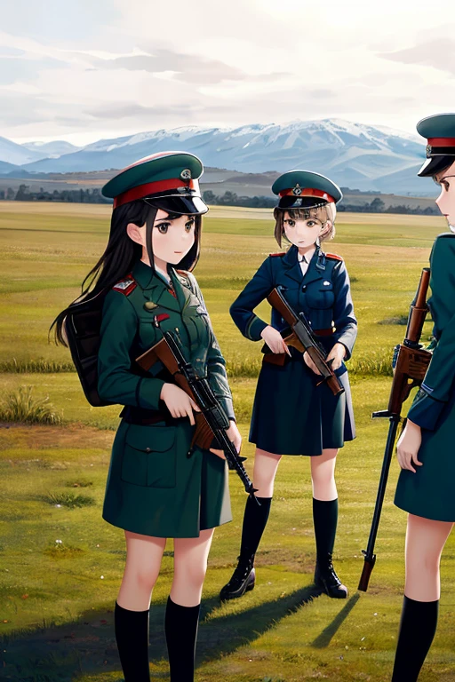 girls in second world war military uniform, holding weapons, on the battlefield