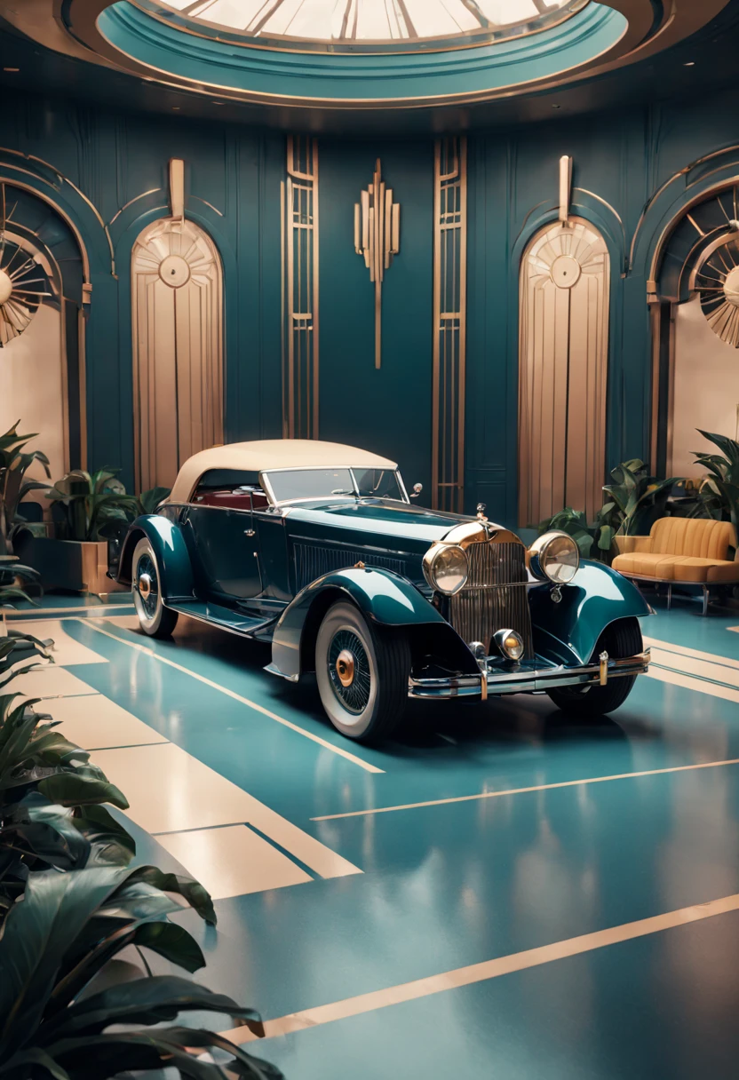 an AI-designed Art Deco-inspired car display. Infuse sleek lines, geometric patterns, and luxurious elements. Incorporate a vintage color palette and sophisticated detailing for a timeless and glamorous automotive aesthetic. detailed matte painting, deep color, fantastical, intricate detail, splash screen, complementary colors, fantasy concept art, 8k resolution trending on Artstation Unreal Engine 5