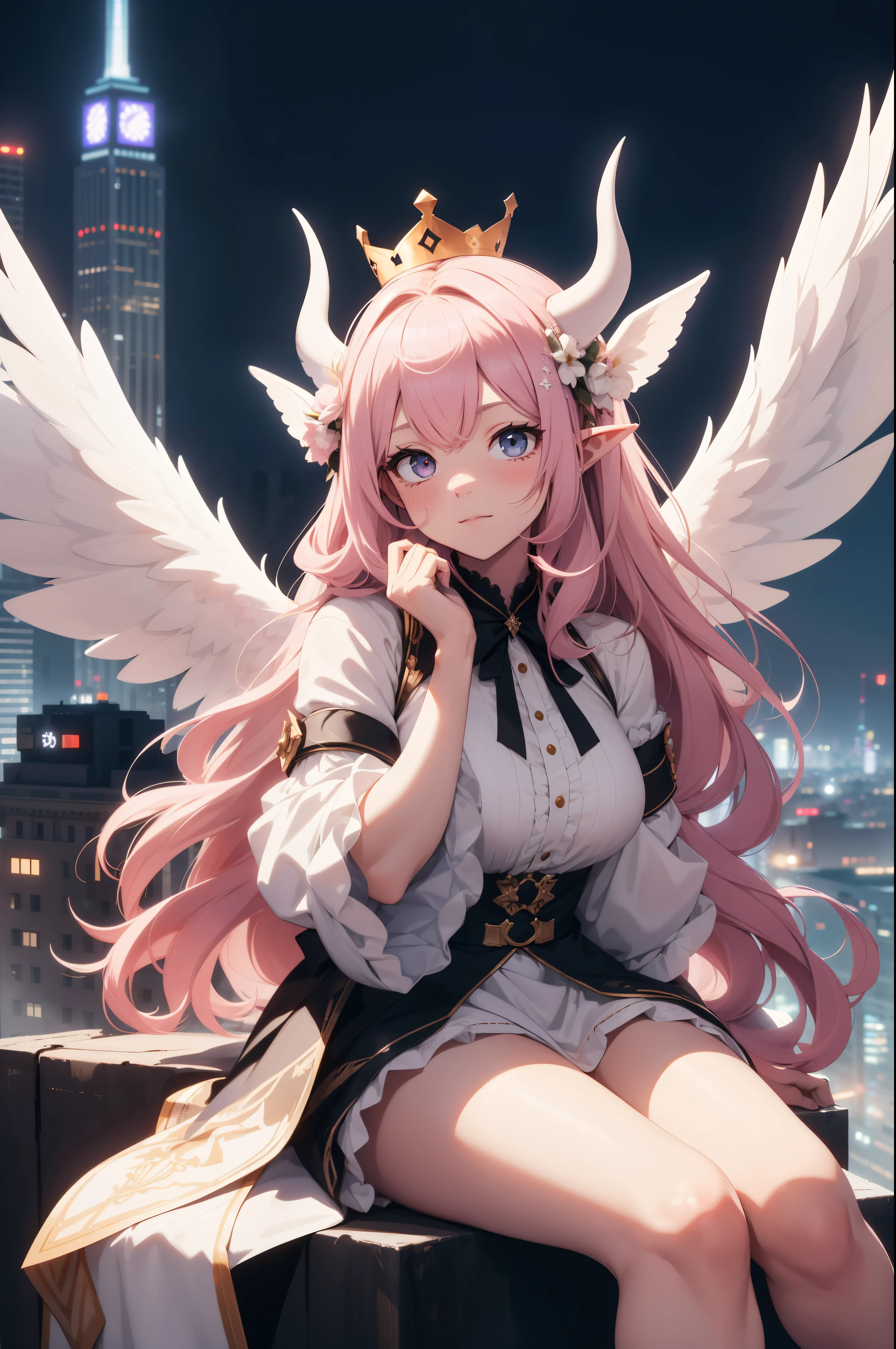giant girl 50,000 feet high，Weight 1000kg，Have a pair of long legs，Keep your eyes open，Has three pairs of huge white angel wings，With huge devil horns on his head，wear a crown on your head，Elf wearing white earrings，She has long pink hair that reaches her feet，loose hair，Pink wavy long curly hair，Wearing a pair of black boots on her feet，white sleeves，Wearing a white JK dress，Bow and star embellished skirt，Sitting on a tall building in the city，Destroy cities，Beautiful appearance，Exquisite makeup，quality，8k，高quality，Perfect proportion, Cinema lighting，film grain，Fuji colors，8k，textured skin，Super details，high detail，high resolution，charming，blood stains，脚底有blood stains，whole body，fat，elf princess，feather，flowers