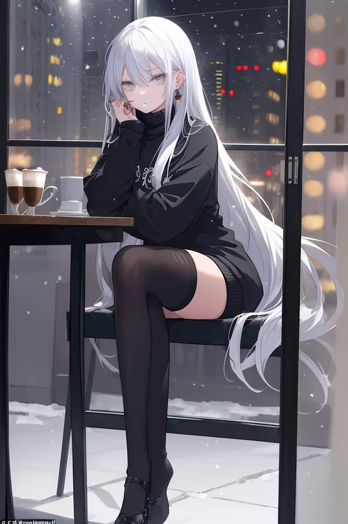 ((masterpiece:1.4, best quality:1.2)), 1girl, solo focus, very long white hair, grey eyes, black legwear, sitting, earrings, piercing, coffee shop window, night, snowing, cityscape, tall female, beautiful and delicate female, comfy ambience, {correct posing}, {detailed background}, a miniskirt