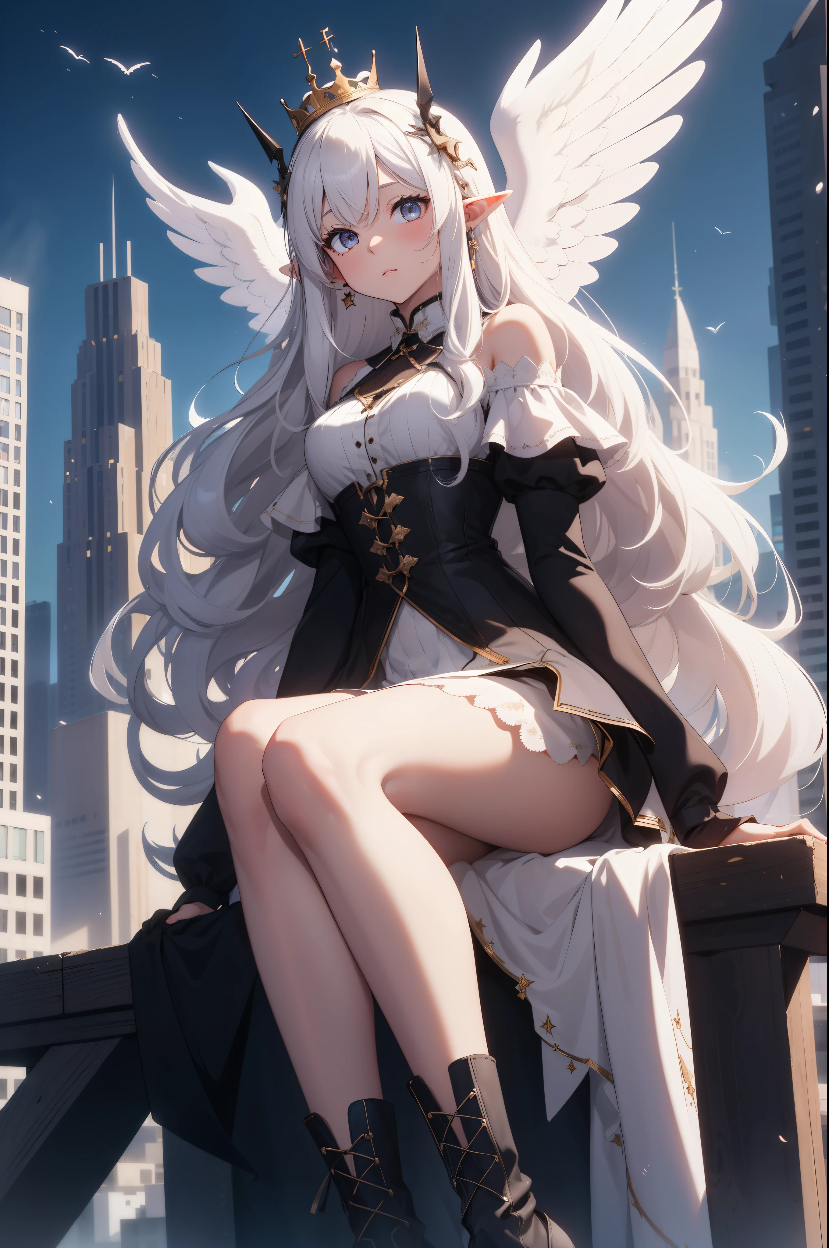 giant girl 50,000 feet high,Weight 1000kg,Has a pair of long legs,Open your eyes wide,Has three pairs of huge white angel wings,With huge devil horns on his head,crown on head,Elf wearing white earrings,She has long pink hair that reaches her feet,loose hair,Pink wavy long curly hair,Wearing a pair of black boots,White sleeves,Wearing white lace pantyhose,Pantyhose with bow and star decorations,白色蕾丝whole body,sitting on a tall building,Beautiful appearance,Exquisite makeup,quality,8k,高quality,Perfect proportion, Cinema lighting,film grain,Fuji colors,8k,textured skin,Super details,high detail,high resolution,charming,blood stains,脚底有blood stains,whole body,Obese,elf princess,feather,flowers