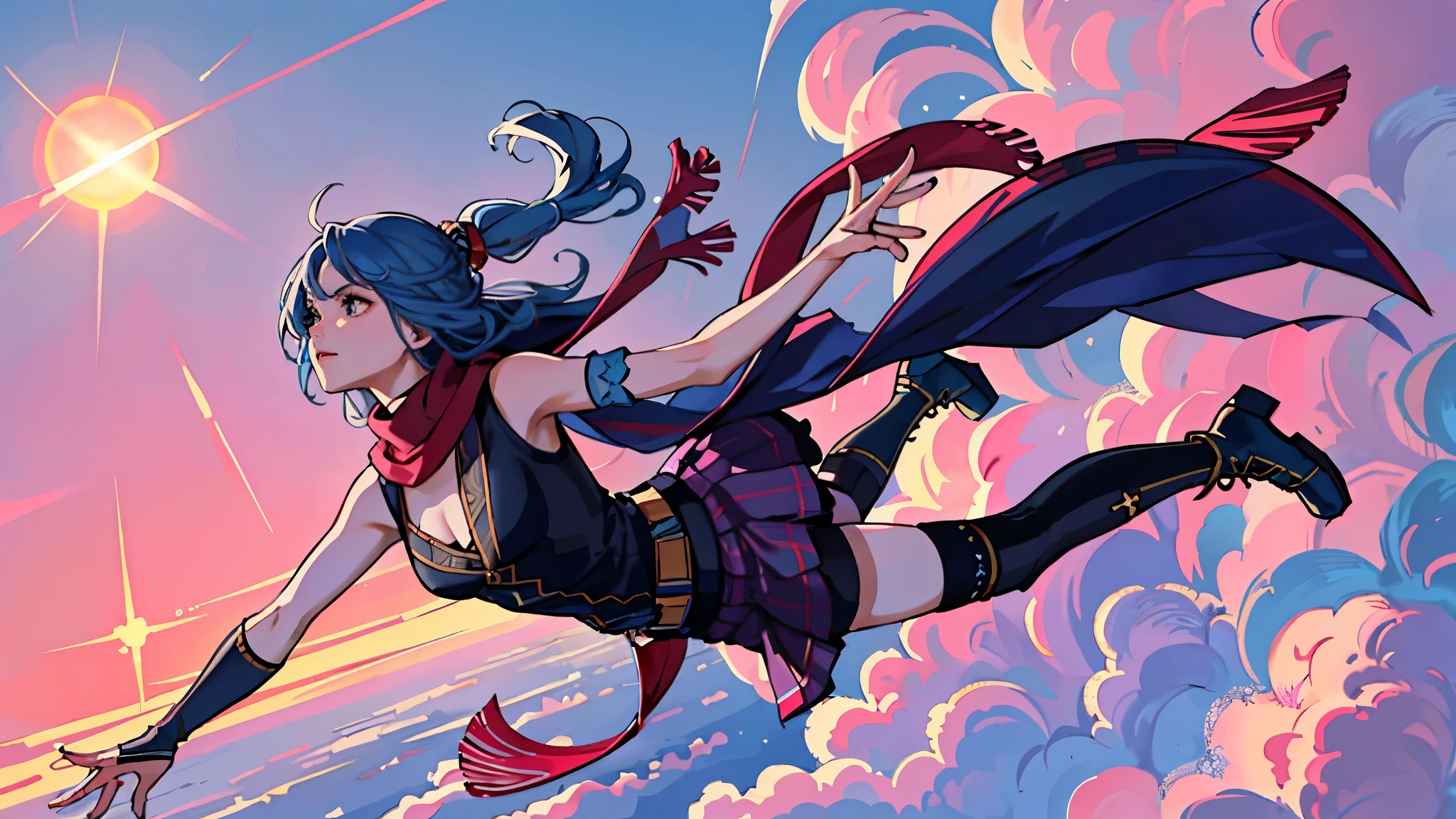 (masterpiece:1.2, best quality), (1lady, solo:1.2), ((falling)), intricate details, ((from afar)), speed lines, blue hair, long hair, red scarf, T-shirt, black vest, pink skirt, stockings, pink combat boots, falling to earth, flying through sky, clouds, sky, sun