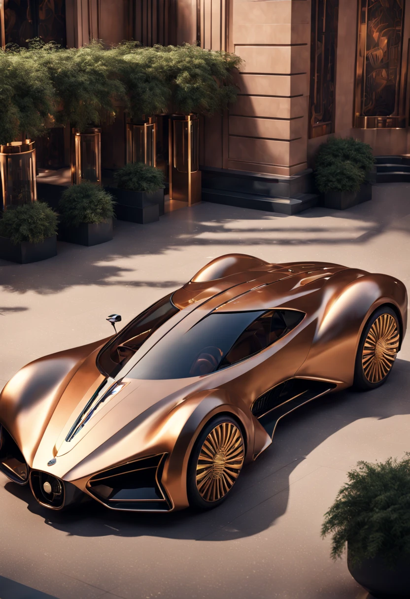 an AI-designed Art Deco-inspired car display. Infuse sleek lines, geometric patterns, and luxurious elements. Incorporate a vintage color palette and sophisticated detailing for a timeless and glamorous automotive aesthetic. detailed matte painting, deep color, fantastical, intricate detail, splash screen, complementary colors, fantasy concept art, 8k resolution trending on Artstation Unreal Engine 5