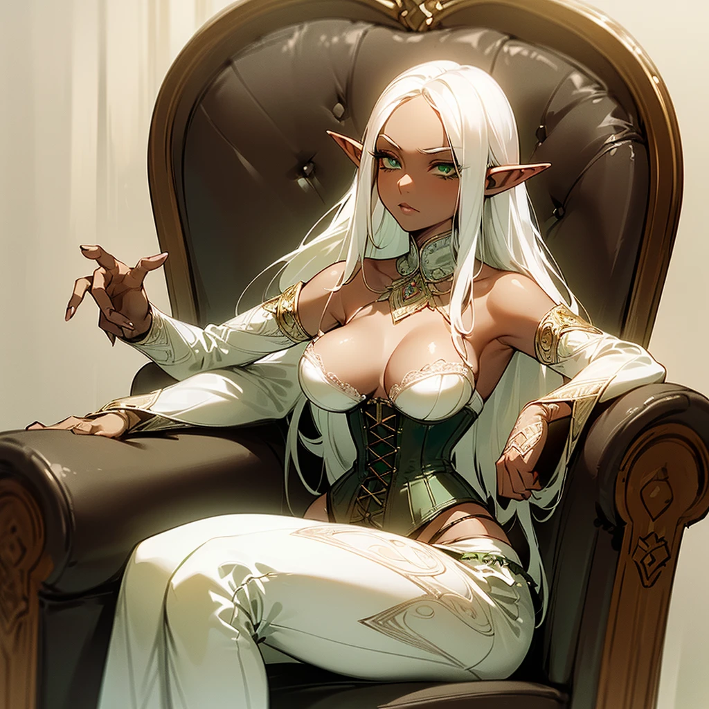 (((I want a solitary Elf Woman, Long white hair, serene green eyes, brown skin, mature body with full breasts and slim waist, wearing beautiful lingerie with corset sitting in an armchair))),(((Alone)))