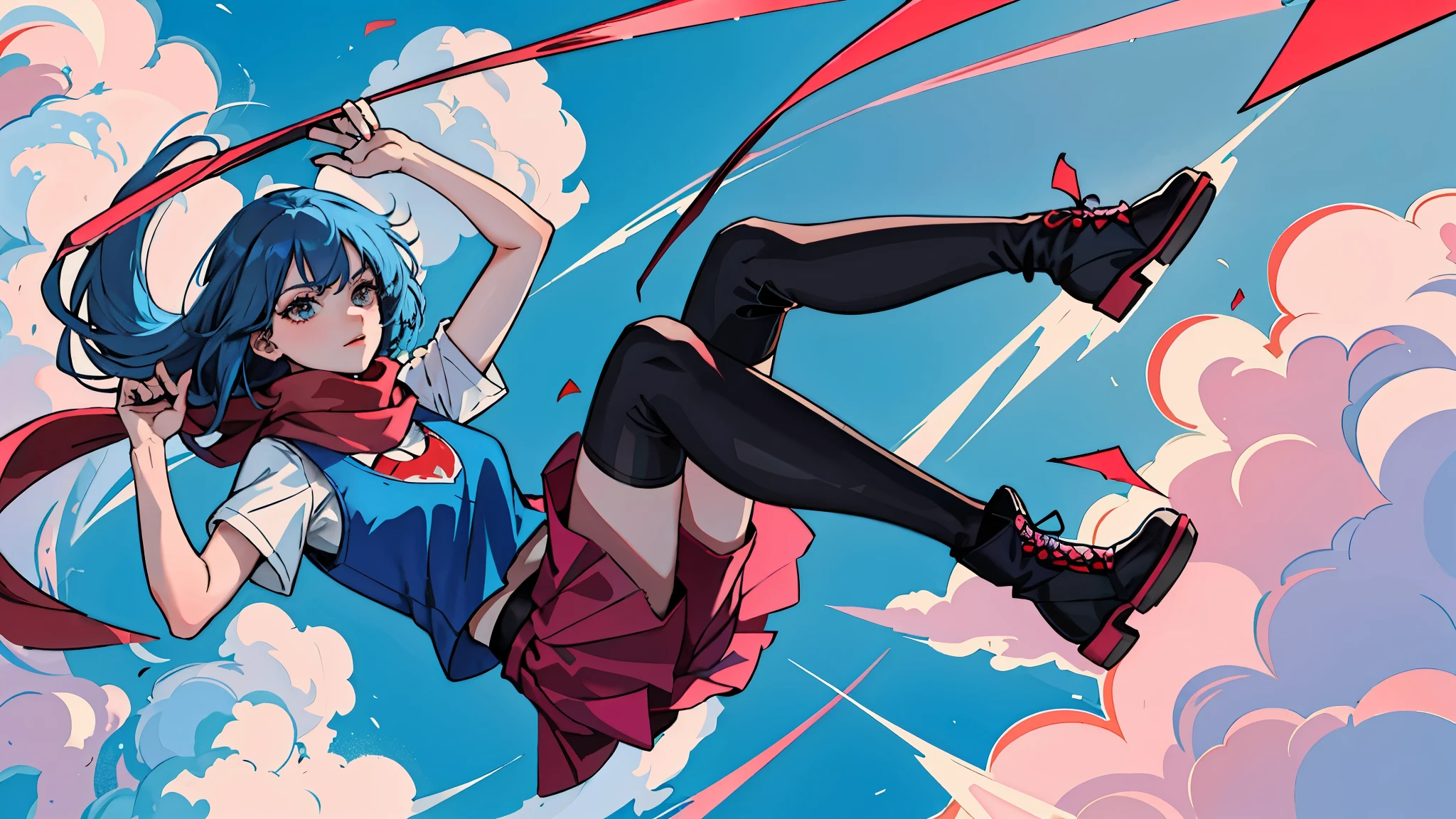 (masterpiece:1.2, best quality), (1lady, solo:1.2), ((falling)), blue hair, long hair, red scarf, T-shirt, black vest, pink skirt, stockings, pink combat boots, falling to earth, flying through sky, clouds, sky, sun