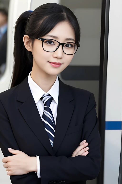 Japanese idol Mayumi Watase、Fair-skinned, long and slender with long, dark eyes and glasses.、Jet black hair in a long ponytail、She&#39;s mature, but her smile still has a childish feel to it.、Slender figure with small breasts、School uniform with school designated blazer、18-year-old high school girl、Commuter train、Low - Angle、