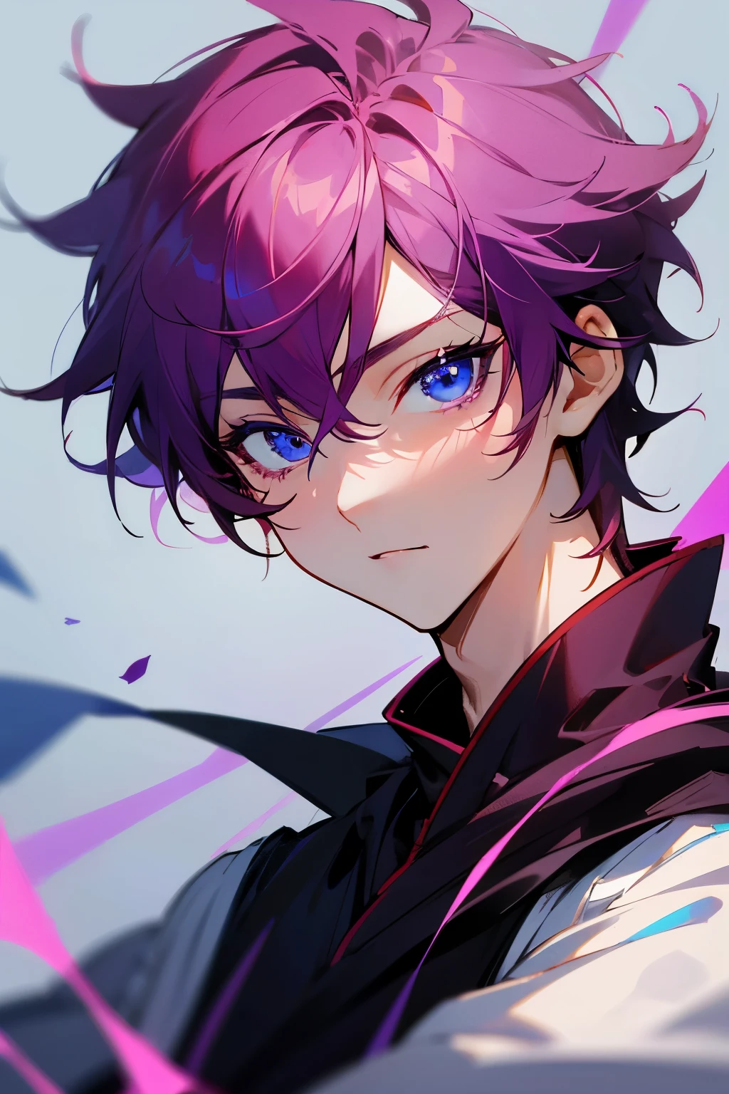 reddish purple hair、light blue eyes、boy、