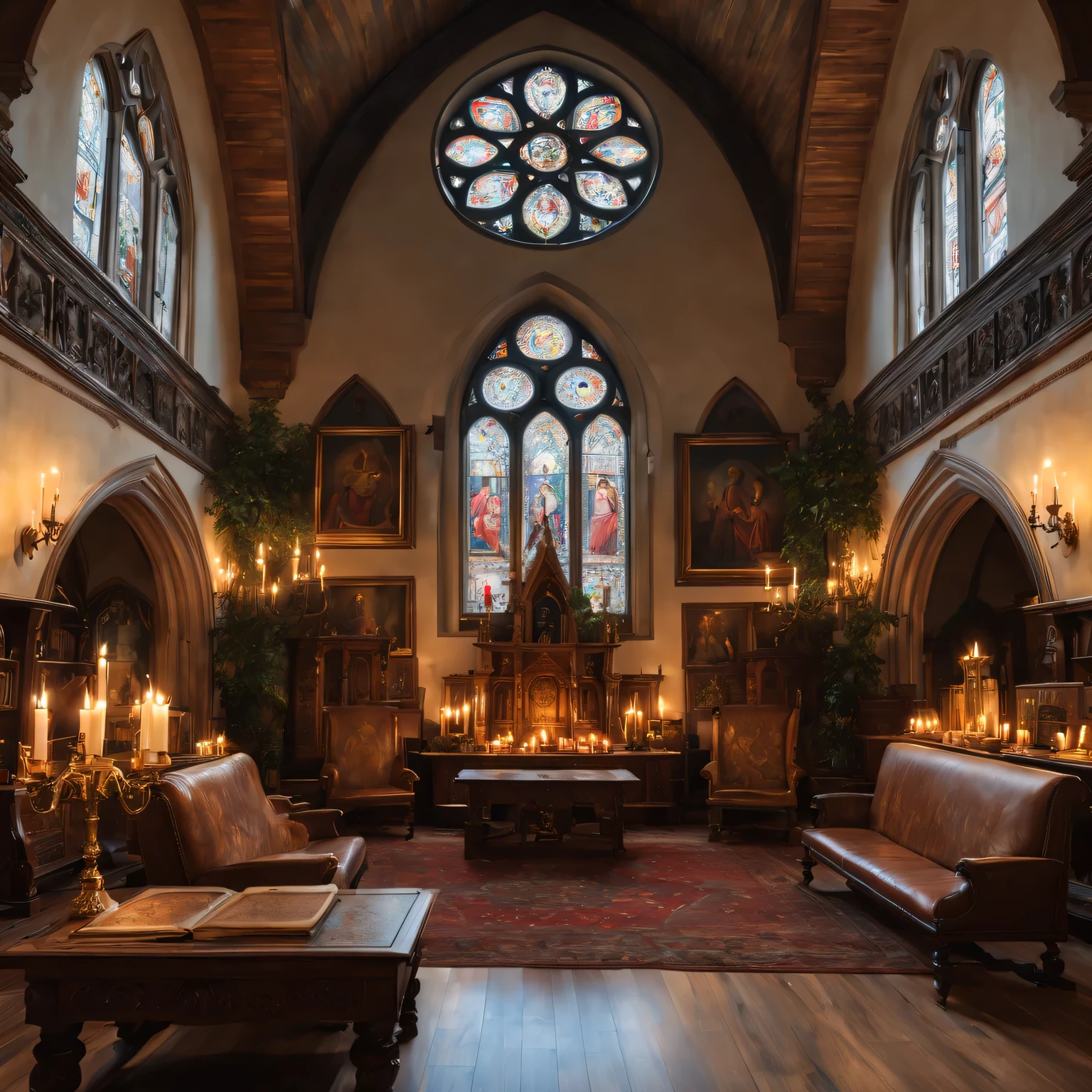 church style living room,(best quality,4K,8k,high resolution,masterpiece:1.2),Super detailed,(actual,photoactual,photo-actual:1.37),warm light,wooden floor,ornate fireplace,cathedral ceiling,Large stained glass windows,high arch,Exquisite wooden furniture,antique chandelier,elegant wall light,Detailed carvings and engravings,Soft velvet curtains,Warm colors、richly patterned rug,Historical Painting and Religious Art,Comfortable upholstered chairs,Carved wooden coffee table,Altar in the corner,Peaceful and tranquil atmosphere,religious icons and statues,Candles flicker in dim light,Bookshelf filled with leather bound books,Tranquil sacred music plays in the background,Sunlight shines through stained glass windows,peaceful atmosphere.