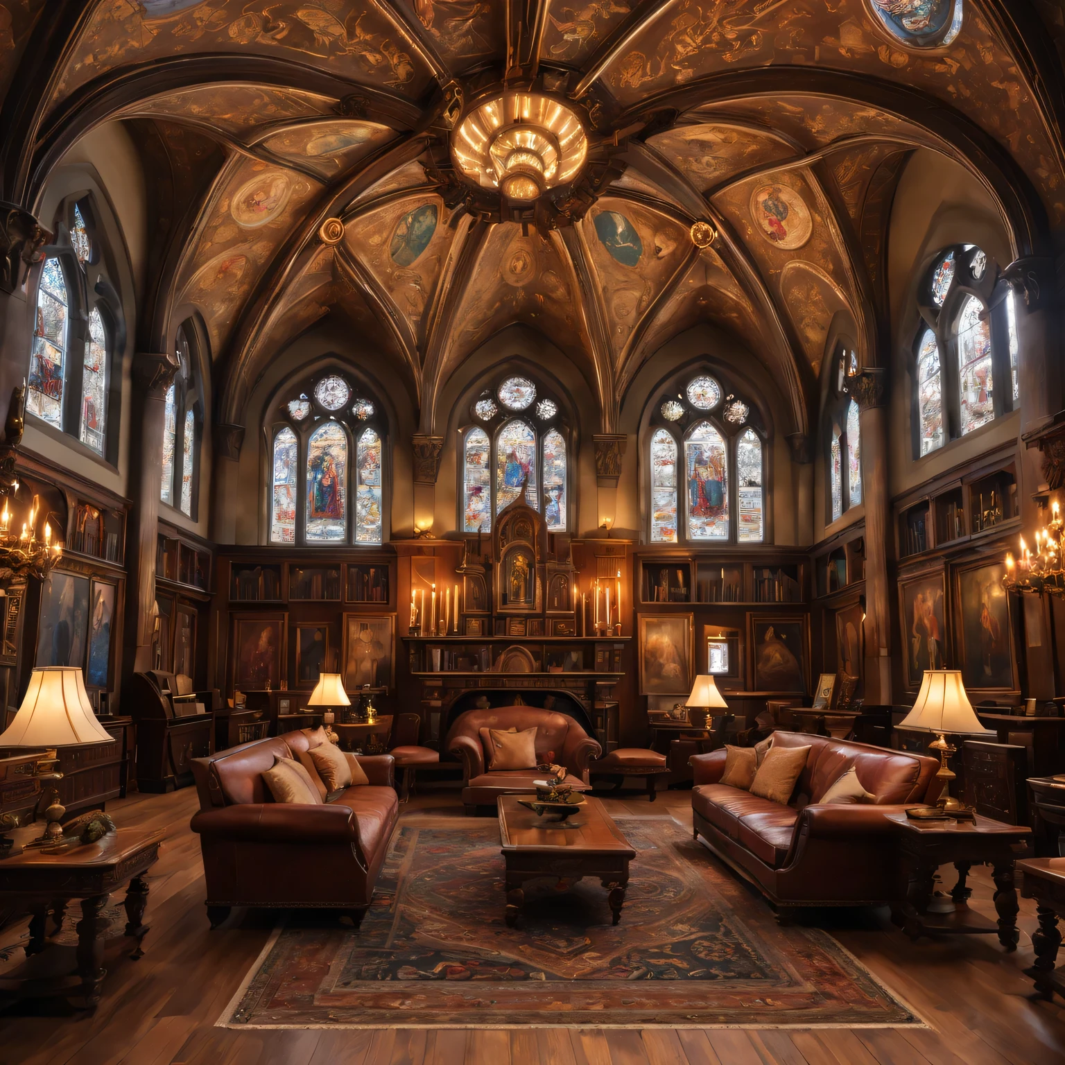 church style living room,(best quality,4K,8k,high resolution,masterpiece:1.2),Super detailed,(actual,photoactual,photo-actual:1.37),warm light,wooden floor,ornate fireplace,cathedral ceiling,Large stained glass windows,high arch,Exquisite wooden furniture,antique chandelier,elegant wall light,Detailed carvings and engravings,Soft velvet curtains,Warm colors、richly patterned rug,Historical Painting and Religious Art,Comfortable upholstered chairs,Carved wooden coffee table,Altar in the corner,Peaceful and tranquil atmosphere,religious icons and statues,Candles flicker in dim light,Bookshelf filled with leather bound books,Tranquil sacred music plays in the background,Sunlight shines through stained glass windows,peaceful atmosphere.