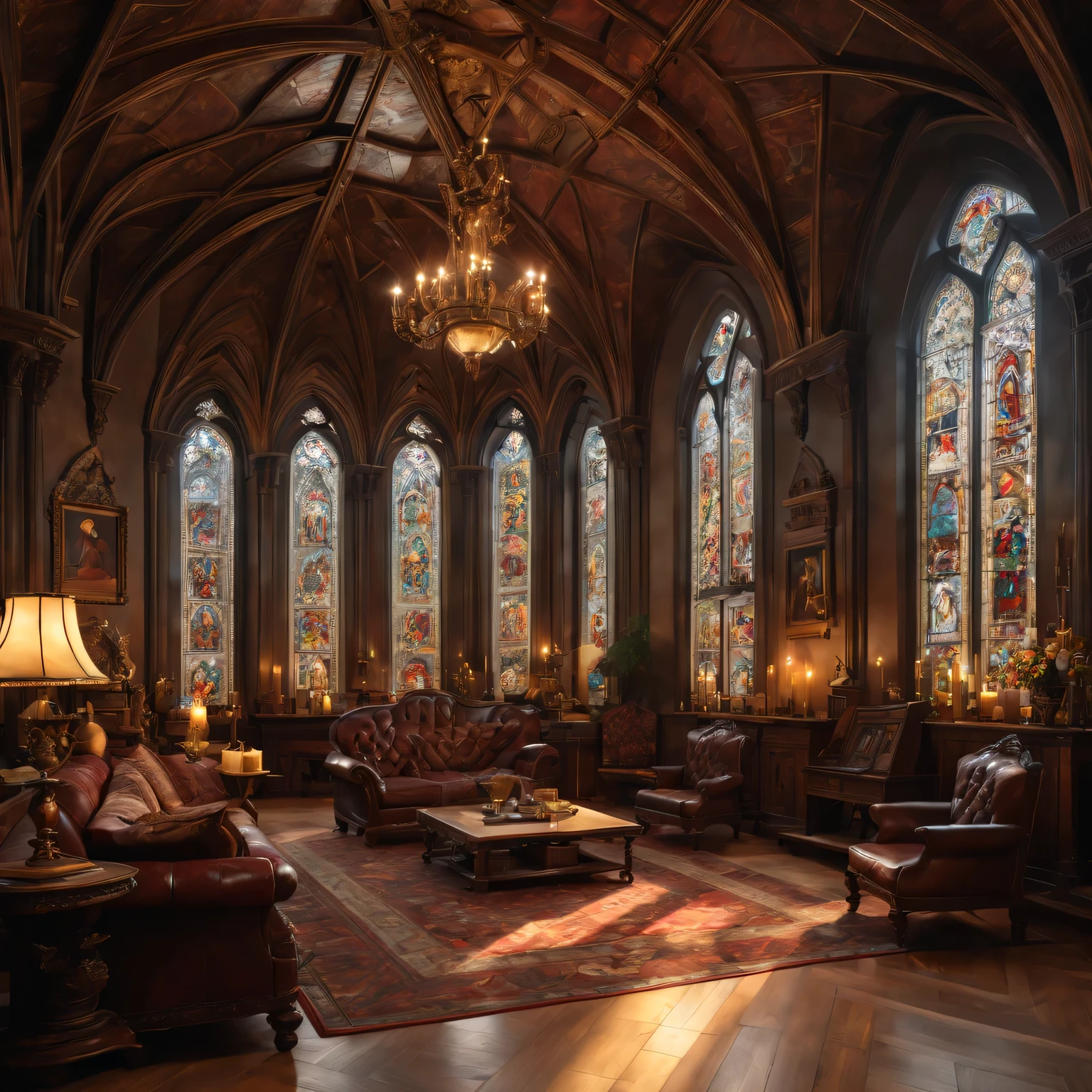 church style living room,(best quality,4K,8k,high resolution,masterpiece:1.2),Super detailed,(actual,photoactual,photo-actual:1.37),warm light,wooden floor,ornate fireplace,cathedral ceiling,Large stained glass windows,high arch,Exquisite wooden furniture,antique chandelier,elegant wall light,Detailed carvings and engravings,Soft velvet curtains,Warm colors、richly patterned rug,Historical Painting and Religious Art,Comfortable upholstered chairs,Carved wooden coffee table,Altar in the corner,Peaceful and tranquil atmosphere,religious icons and statues,Candles flicker in dim light,Bookshelf filled with leather bound books,Tranquil sacred music plays in the background,Sunlight shines through stained glass windows,peaceful atmosphere.