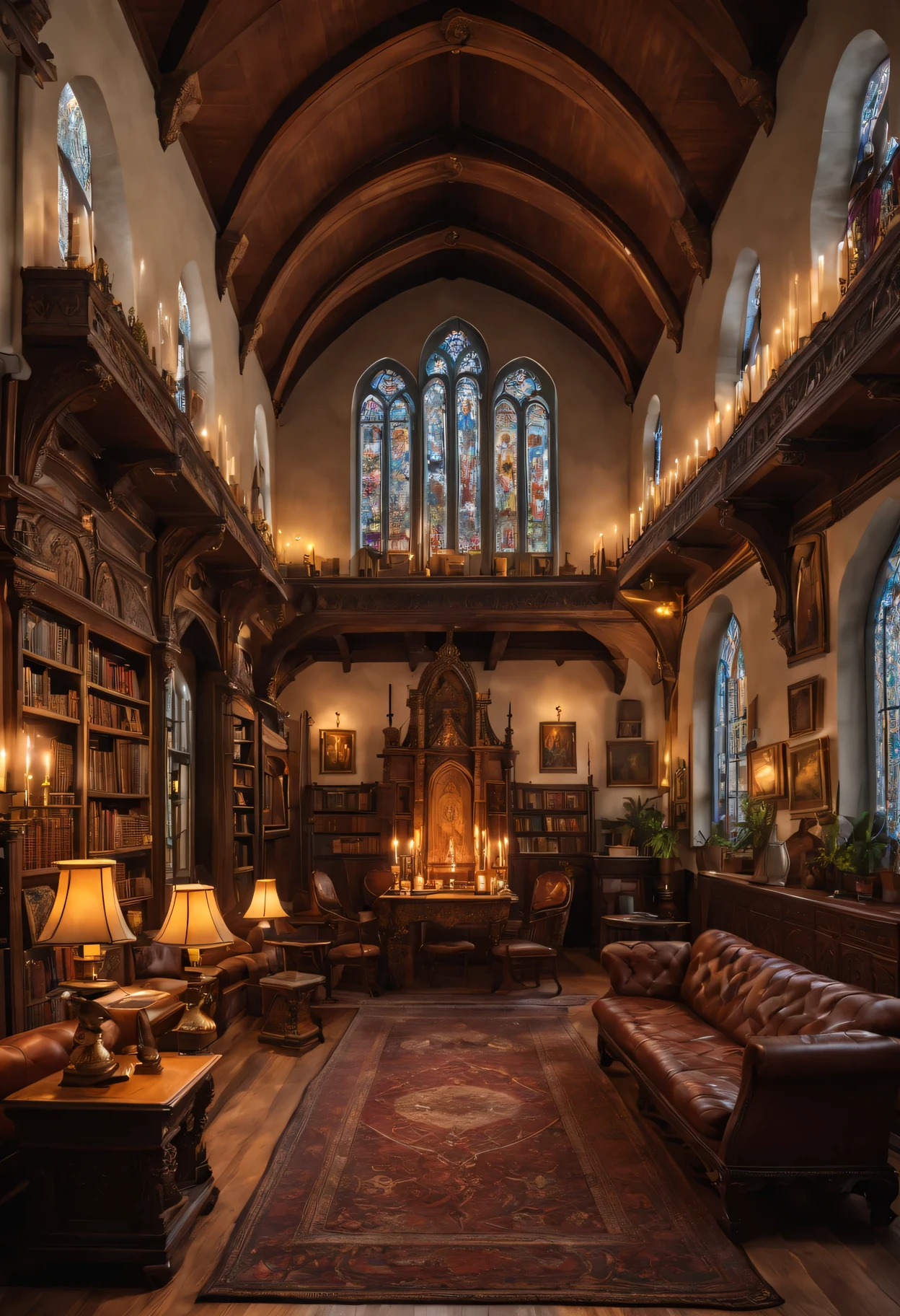 church style living room,(best quality,4K,8k,high resolution,masterpiece:1.2),Super detailed,(actual,photoactual,photo-actual:1.37),warm light,wooden floor,ornate fireplace,cathedral ceiling,Large stained glass windows,high arch,Exquisite wooden furniture,antique chandelier,elegant wall light,Detailed carvings and engravings,Soft velvet curtains,Warm colors、richly patterned rug,Historical Painting and Religious Art,Comfortable upholstered chairs,Carved wooden coffee table,Altar in the corner,Peaceful and tranquil atmosphere,religious icons and statues,Candles flicker in dim light,Bookshelf filled with leather bound books,Tranquil sacred music plays in the background,Sunlight shines through stained glass windows,peaceful atmosphere.