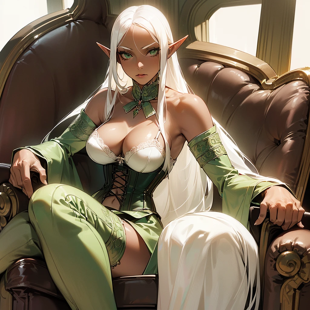 (((I want a solitary Elf Woman, Long white hair, serene green eyes, brown skin, mature body with full breasts and slim waist, wearing beautiful lingerie with corset sitting in an armchair))),(((Alone)))