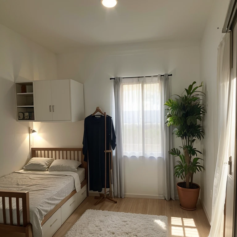 Quarto casal pequeno 3x2m com janela, guarda-roupas, cabeceira, plants and lighting
