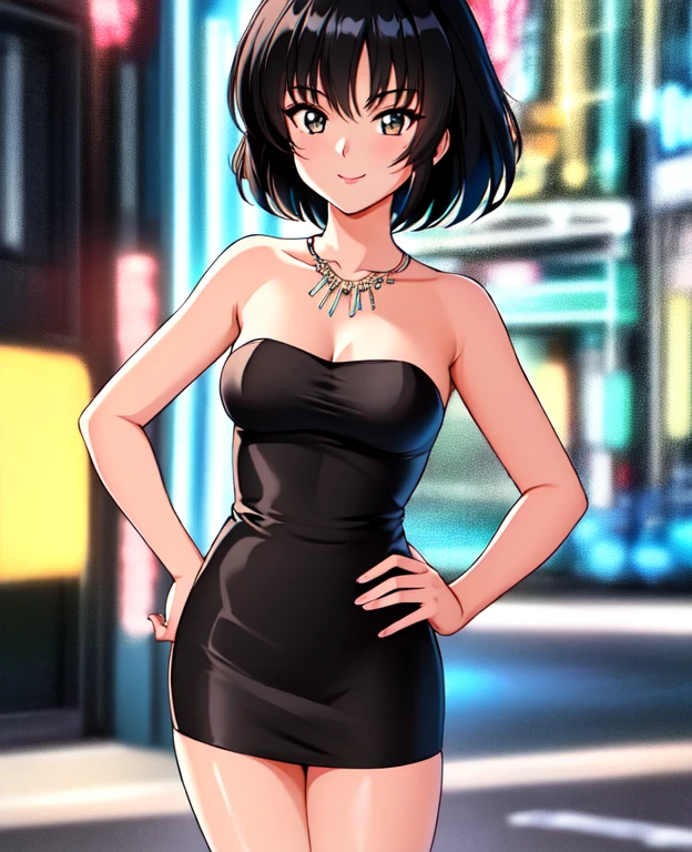 (masterpiece:1.2), (best quality), (ultra detailed), (8k,4k),(half body:1.2), (cowboy:1.2), (highly detailed:1.2), (detailed face:1.2), (detailed background), Gine, smile, looking at viewer, nightclub, neon lights, full body, street background, black hair, short hair, hand on hip, bare shoulder, bare arms, medium breast, jewelry, looking at viewer, standing, strapless, short black dress, black sweetheart dress, black pencil skirt, close up, seductive.