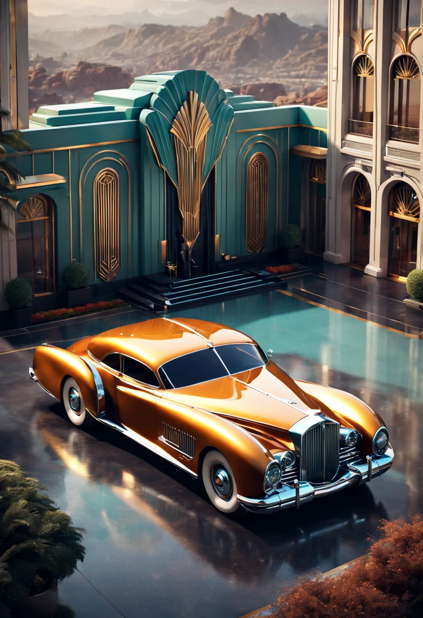an AI-designed Art Deco-inspired car display. Infuse sleek lines, geometric patterns, and luxurious elements. Incorporate a vintage color palette and sophisticated detailing for a timeless and glamorous automotive aesthetic. detailed matte painting, deep color, fantastical, intricate detail, splash screen, complementary colors, fantasy concept art, 8k resolution trending on Artstation Unreal Engine 5