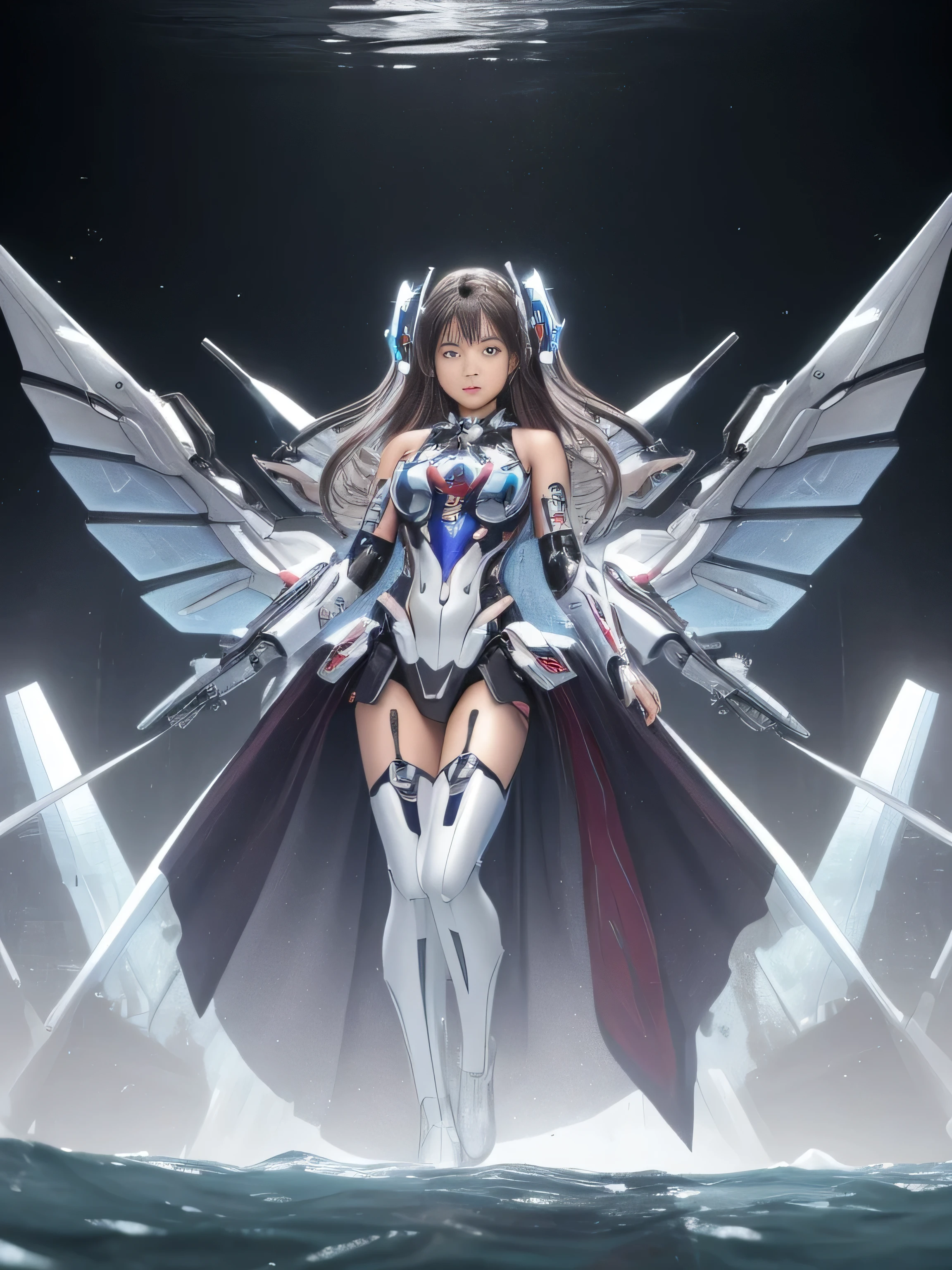 (((RAW image quality:1.4))), (Detailed 3DCG image), 8K resolution, (pieces fly), highest quality,{whole body},((1 girl)), 13 years old, ((big beauty detailed eyes)),{Mecha,Huge_file size},(bare shoulders),SF,very detailed,figure,very detailedなCGユニティ壁紙,submerge,cinematic lighting,elevation angle,{{beautiful face}},take a pose,caustics,fine water surface,,Mechaニカルウィング,Metal wings,Mecha wine cha clothes}, robot girl,beautiful detailed face, portrait photography,