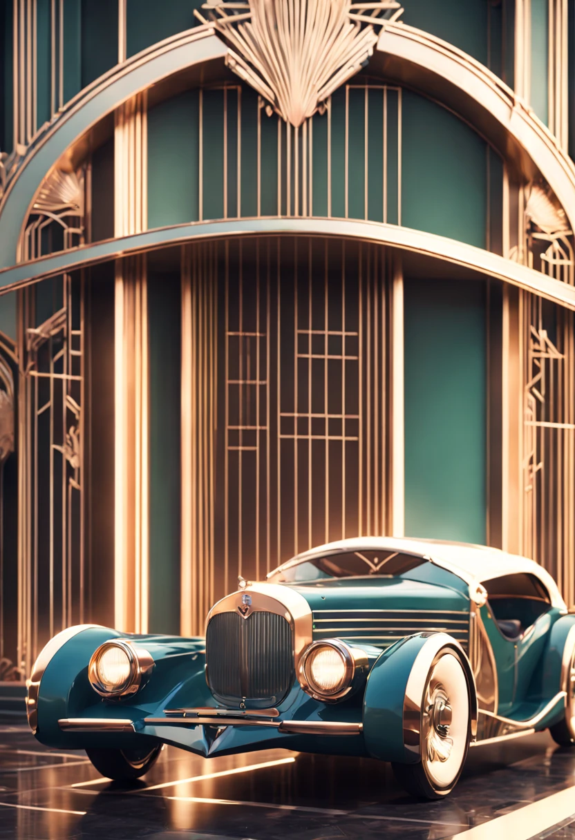 an AI-designed Art Deco-inspired car display. Infuse sleek lines, geometric patterns, and luxurious elements. Incorporate a vintage color palette and sophisticated detailing for a timeless and glamorous automotive aesthetic. detailed matte painting, deep color, fantastical, intricate detail, splash screen, complementary colors, fantasy concept art, 8k resolution trending on Artstation Unreal Engine 5