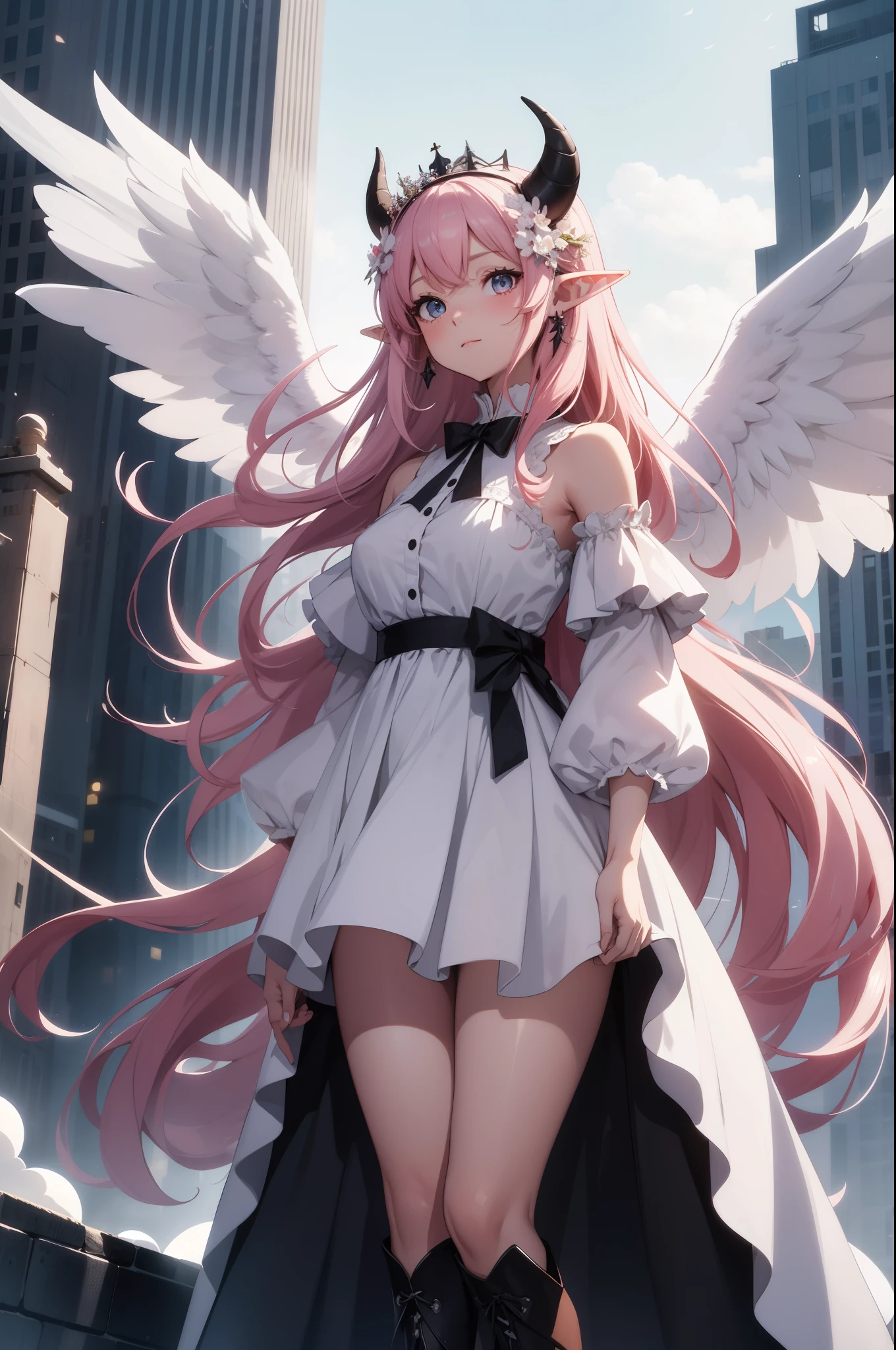 giant girl 50,000 feet high,Weight 1000kg,Has a pair of long legs,Open your eyes wide,Has three pairs of huge white angel wings,With huge devil horns on his head,crown on head,Elf wearing white earrings,She has long pink hair that reaches her feet,loose hair,Pink wavy long curly hair,Wearing a pair of black boots,White sleeves,Wearing a white JK dress,Skirt with bow and star decorations,Standing on a tall building in the city,Destroying the city,Beautiful appearance,Exquisite makeup,quality,8k,高quality,Perfect proportion, Cinema lighting,film grain,Fuji colors,8k,textured skin,Super details,high detail,high resolution,charming,blood stains,脚底有blood stains,whole body,Obese,elf princess,feather,flowers,little man