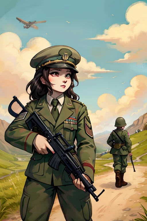 girls in second world war military uniform, holding weapons, on the battlefield