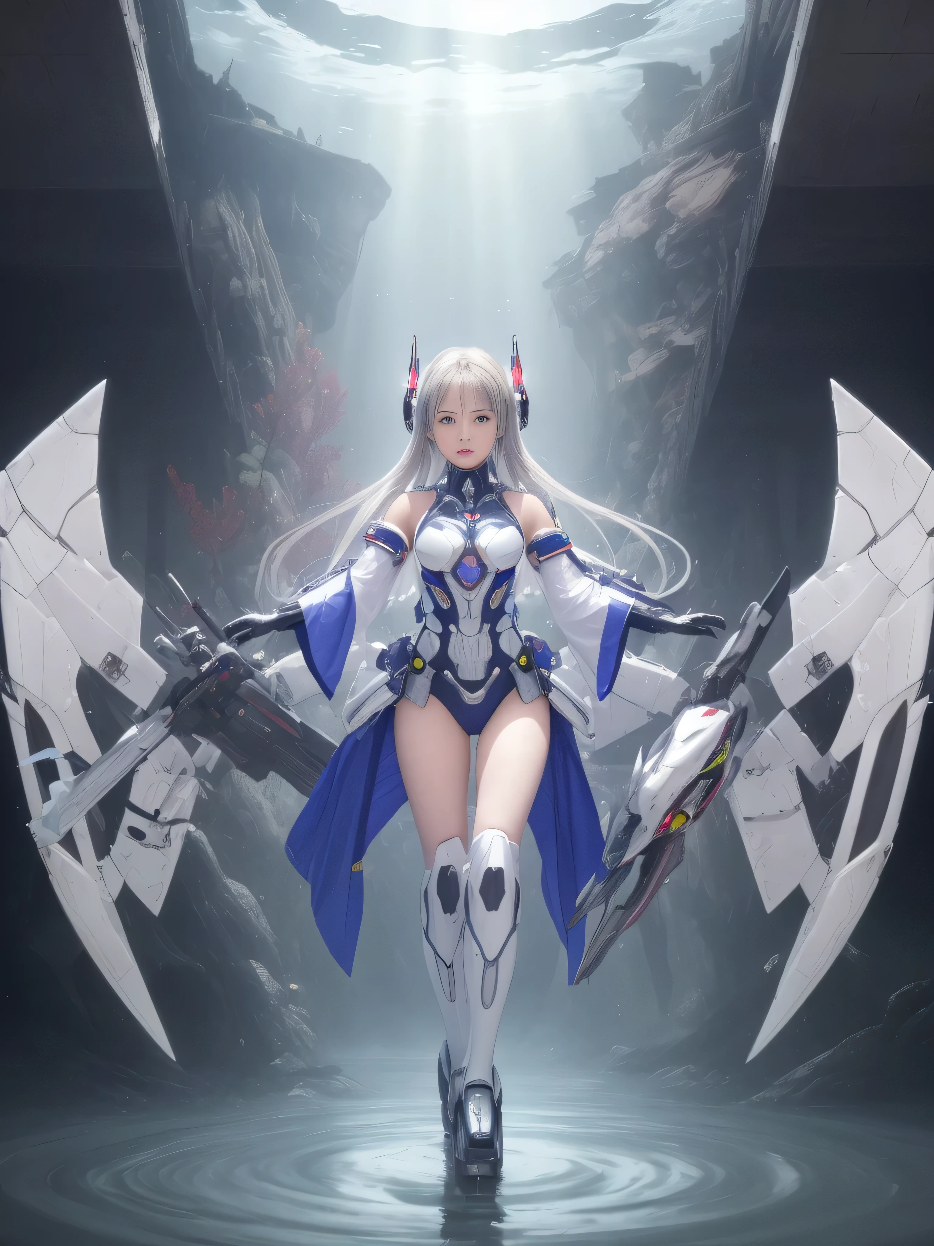 (((RAW image quality:1.4))), (Detailed 3DCG image), 8K resolution, (pieces fly), highest quality,{whole body},((1 girl)), 13 years old, ((big beautiful detailed eyes)),{Mecha,Huge_file size},(bare shoulders),SF,very detailed,figure,very detailedなCGユニティ壁紙,submerge,cinematic lighting,elevation angle,{{beautiful face}},take a pose,caustics,fine water surface,,Mechaニカルウィング,Metal wings,Mecha wine cha clothes}, robot girl,beautiful detailed face,