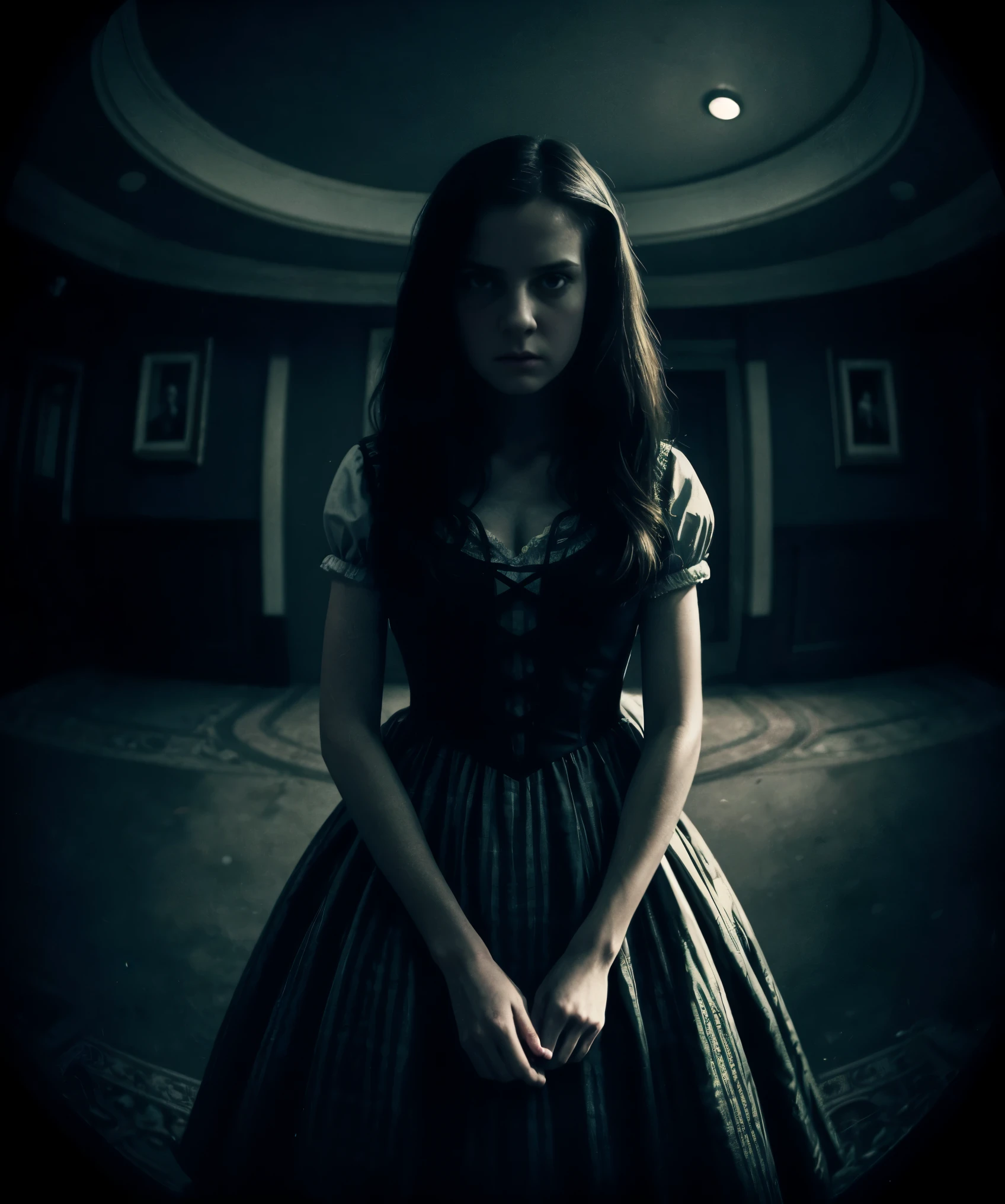 photorealistic, Alice's adventures in wonderland, asylum, close-up shot, fisheye lens, fisheye lens distortion, knife, self-defense, Alfred Hitchcock movie poster style, detailed artwork, intense atmosphere, dark lighting, suspenseful, dramatic expression, chilling scene, cinematic composition, haunting background