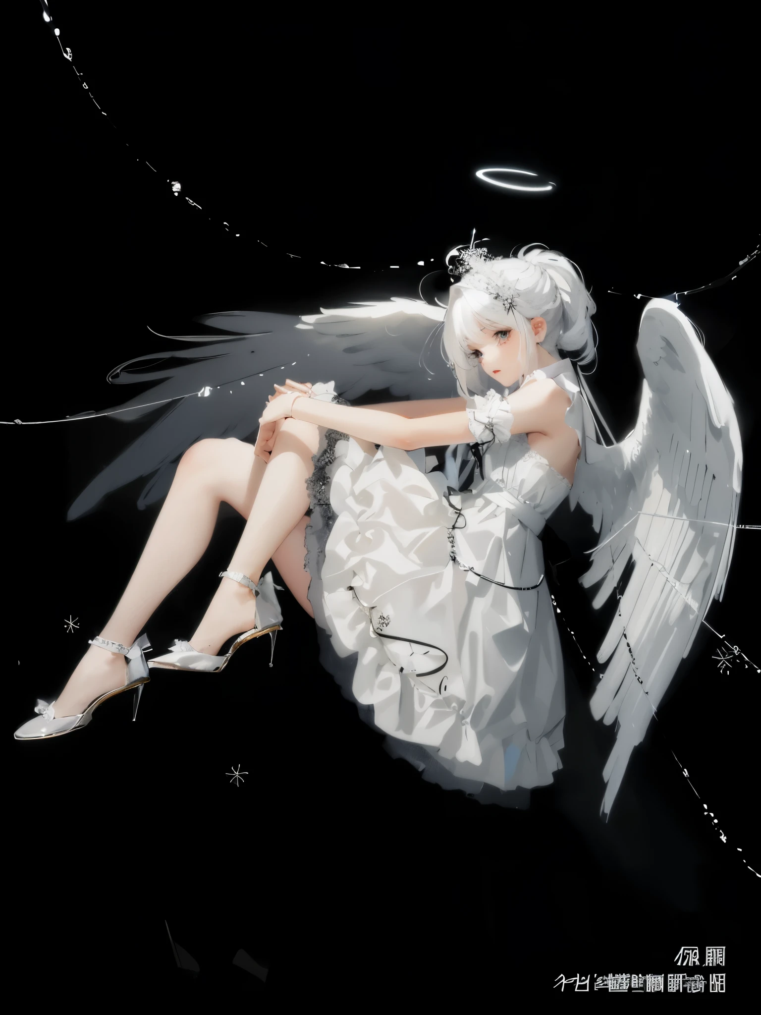 Sitting on the chair is a woman with white hair and angel wings, of an beautiful angel girl, of Beautiful angel, Beautiful angel, Angel Knight Goth Girl, The majestic angel, angel girl, beautiful female angel, angelical, angelic and unsettling, Dressed as an angel, angel theme, angel theme, low angel, angelic, by Mary Angell