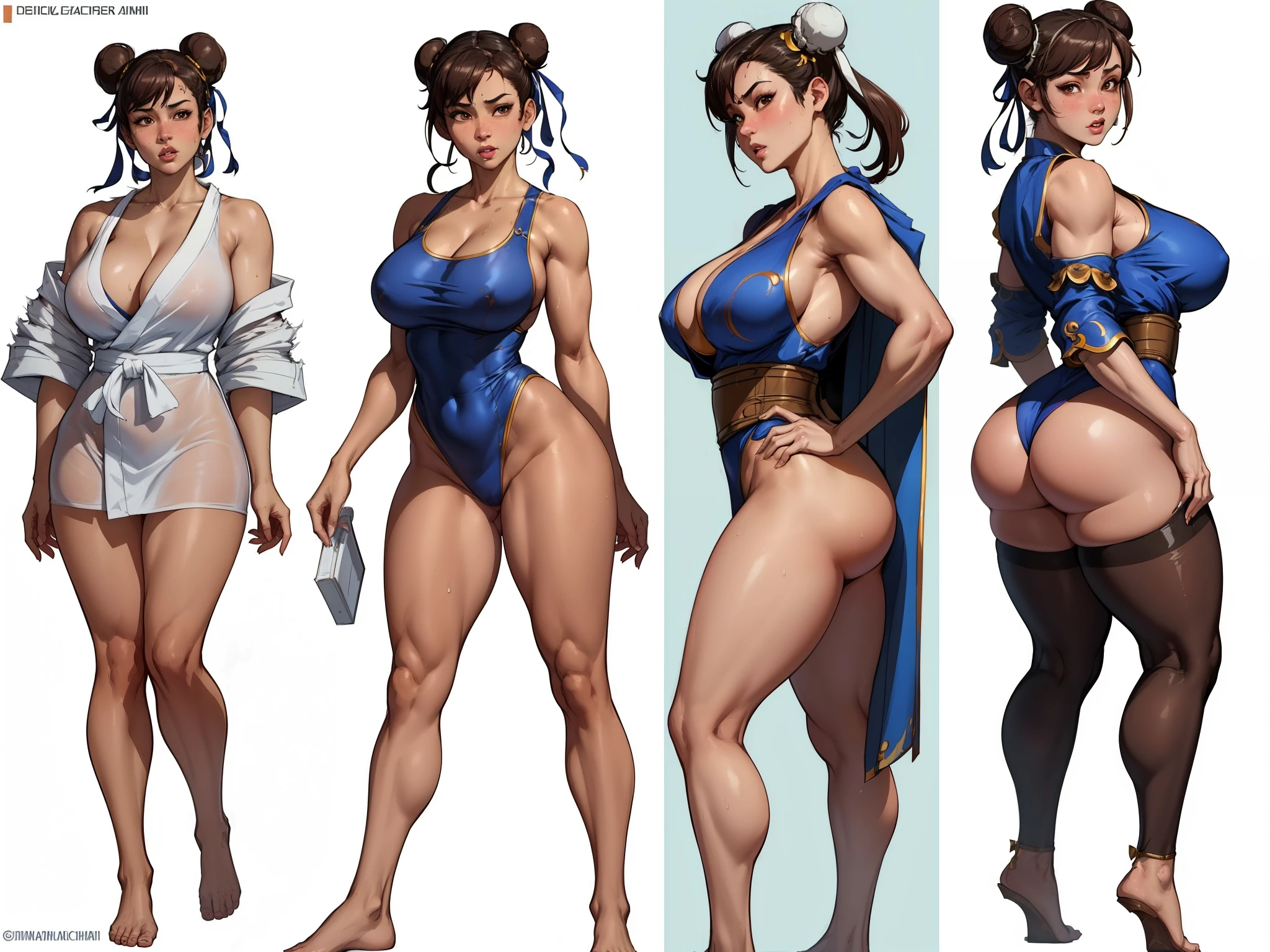 ((best quality)), ((master part)), (circunstanciado), rosto perfeito ((Chun li)), ((big ass)), Gigantic Breasts, Thick Thighs, Super Wide Hips, Huge Ass, Perfect Body ((character design sheet)), ((full body view)) illustration,1girl, ((detailed face:1.4)) beautiful woman, ((Chun li)), short brown hair, brown hair, brown eyes, double bun, hair ribbon, perspired, Sweaty body,Naturally glowing skin、 (loose:1.3)bath robe、Exposed shoulders、naked bathrobe、Worn bathrobe、disheveled bathrobe、Fully open bathrobe、body soaking wet、(Torn bathrobe)、Grab a bathrobe, rough sketches, pose, 8k,16k, (background, white background: 1.3))
