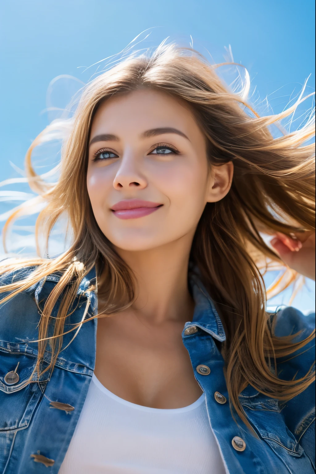 pretty woman, windblown blonde hair, shining blue eyes, realistic, masterpiece, highly detailed, 4K, beach background, highly detailed light, small smile, white skin,jeans,angle from below,whole body