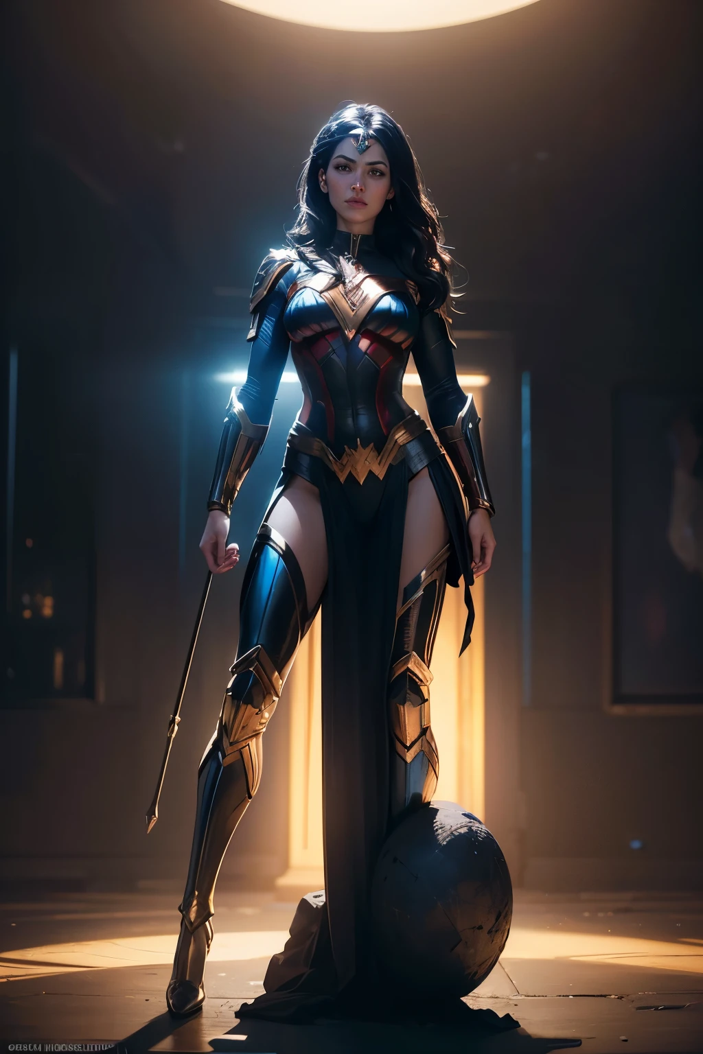 wonder woman 2099, full body photo of wonder woman 2099 in blue, red and gold  armor futuristic style costume, wonder woman 2099, looking at the center camera, perfect composition, beautiful intricately detailed and detailed octane rendering, trending on artstation, 8k artistic photography , photorealistic concept art, smooth natural volumetric cinematic perfect light, chiaroscuro, award-winning photography, masterpiece, oil on canvas, raphael, caravaggio, greg rutkowski, beeple, beksinski, giger, trends in artstation, sharp focus, studio photo, intricate details , highly detailed, night city background,