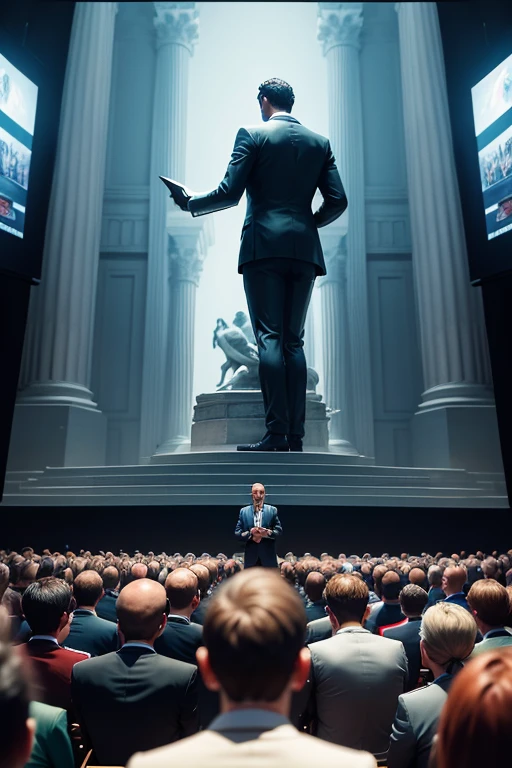 The leader giving a talk, everyone in suits watching attentively a giant screen in front of everyone, a large place very rich in details with influences from Greek arts with statues scattered around the place