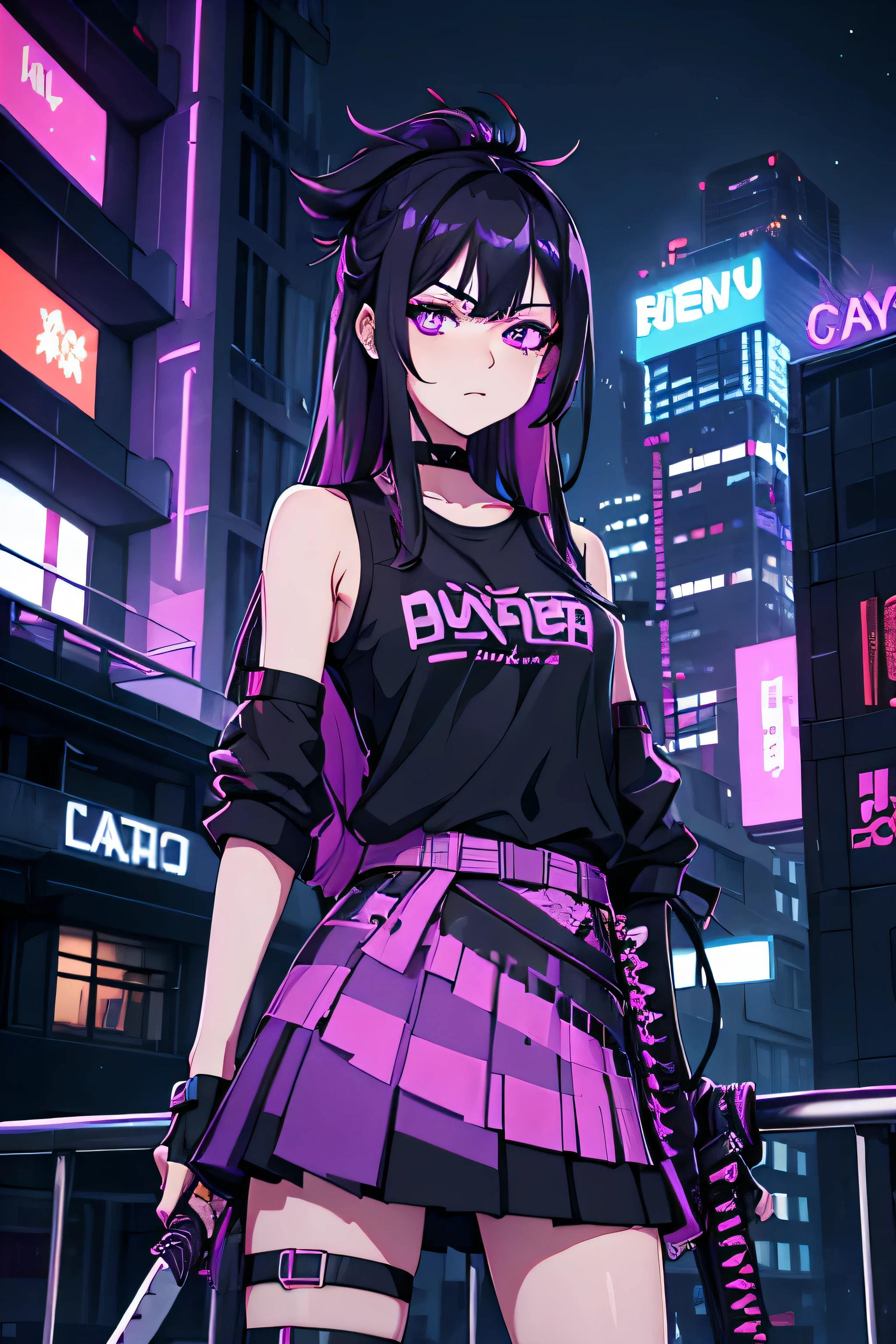 Cuberpunk , , black haired, with purple hairline on head, staying on balcony, cuberpunk city, tired look, in skirt and shirt, night, neon lights on city, foged city, katana in hands , neon katana, glitching face, glitching katana
