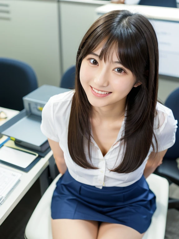 (Japanese cute girl), in a secretary room, sexy 18 yo girl, (full body), (cutest face), thin breasts, straight hair, smiling, skirt, (thighs), white blouse, clear depiction, view from sky above,