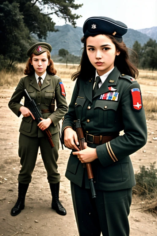 girls in second world war military uniform, holding weapons, on the battlefield